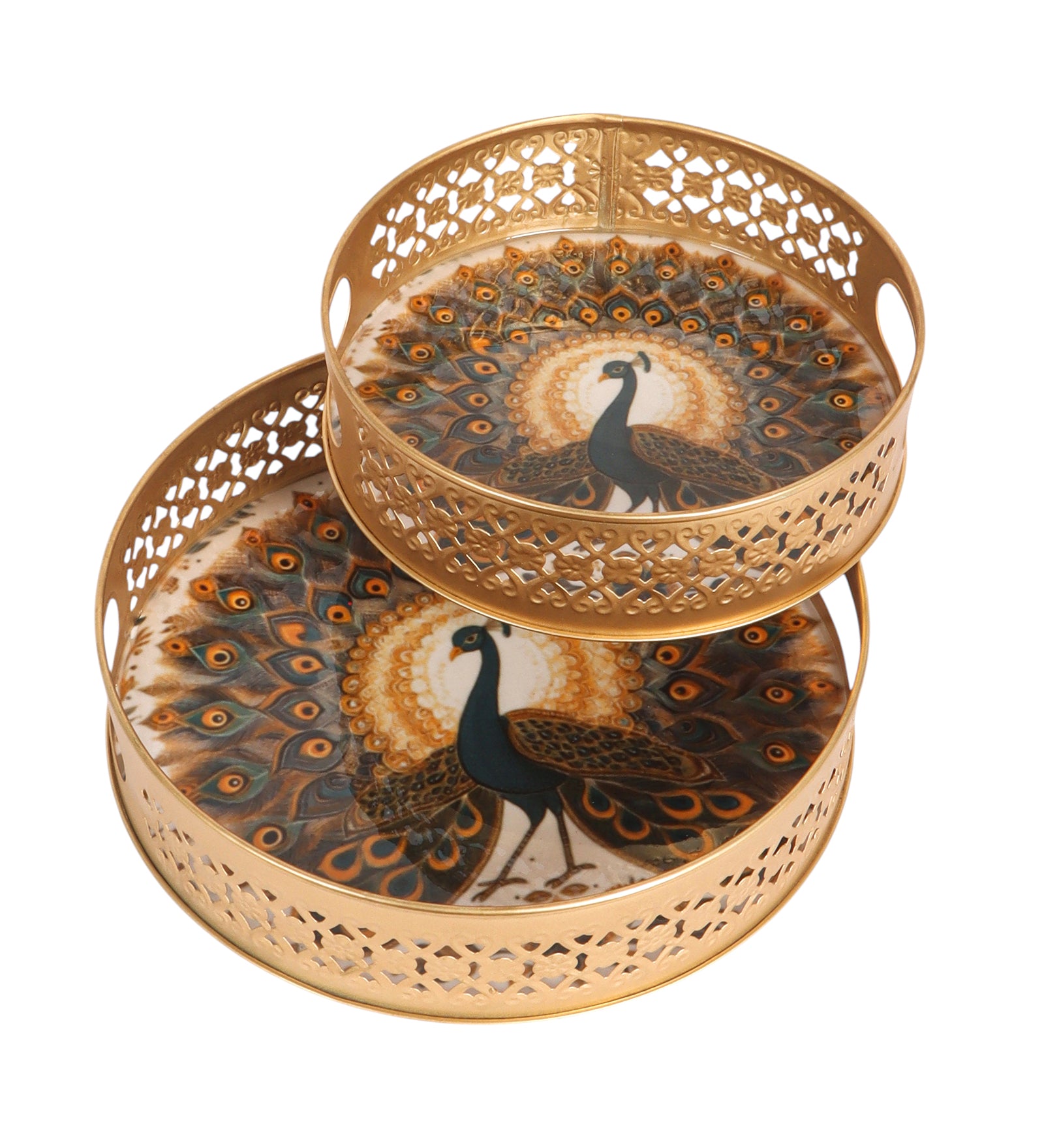 Dancing Peacock Design Serving Trays Set (8 Inches & 10 Inches), Serving Plates for Home, Platters for Tea/Coffee/Snacks, Decorative Pichwai Tray