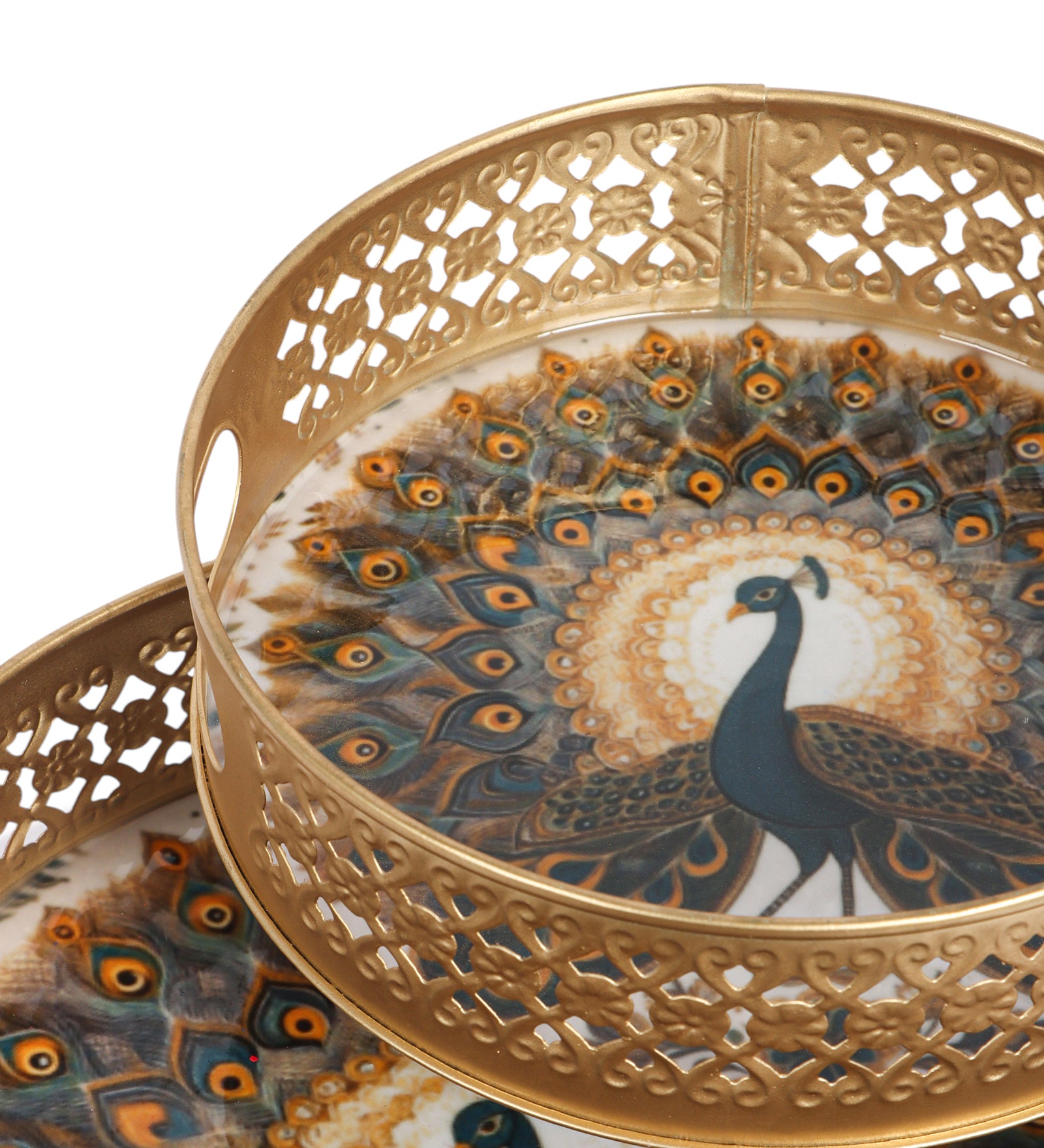 Dancing Peacock Design Serving Trays Set (8 Inches & 10 Inches), Serving Plates for Home, Platters for Tea/Coffee/Snacks, Decorative Pichwai Tray