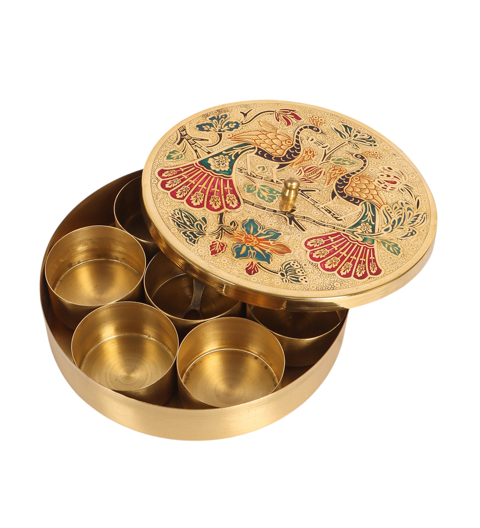 8 Inches Twin Peacock Carved Brass Spices Box Set, Brass Masala Box for Kitchen