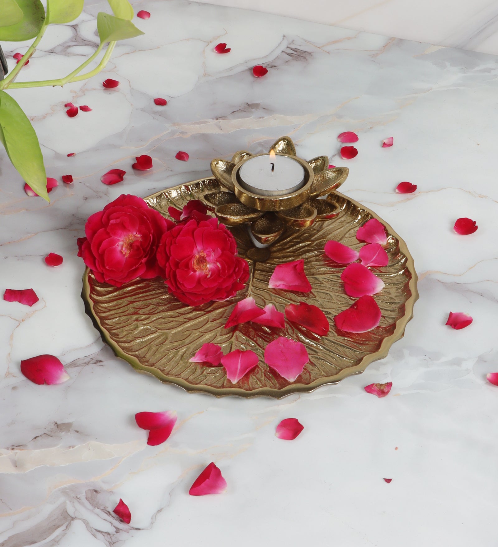 Metal Kalpvriksh Design Lotus Thali | Decorative Golden Pooja Plate for Mandir, Festivals & Home Decor