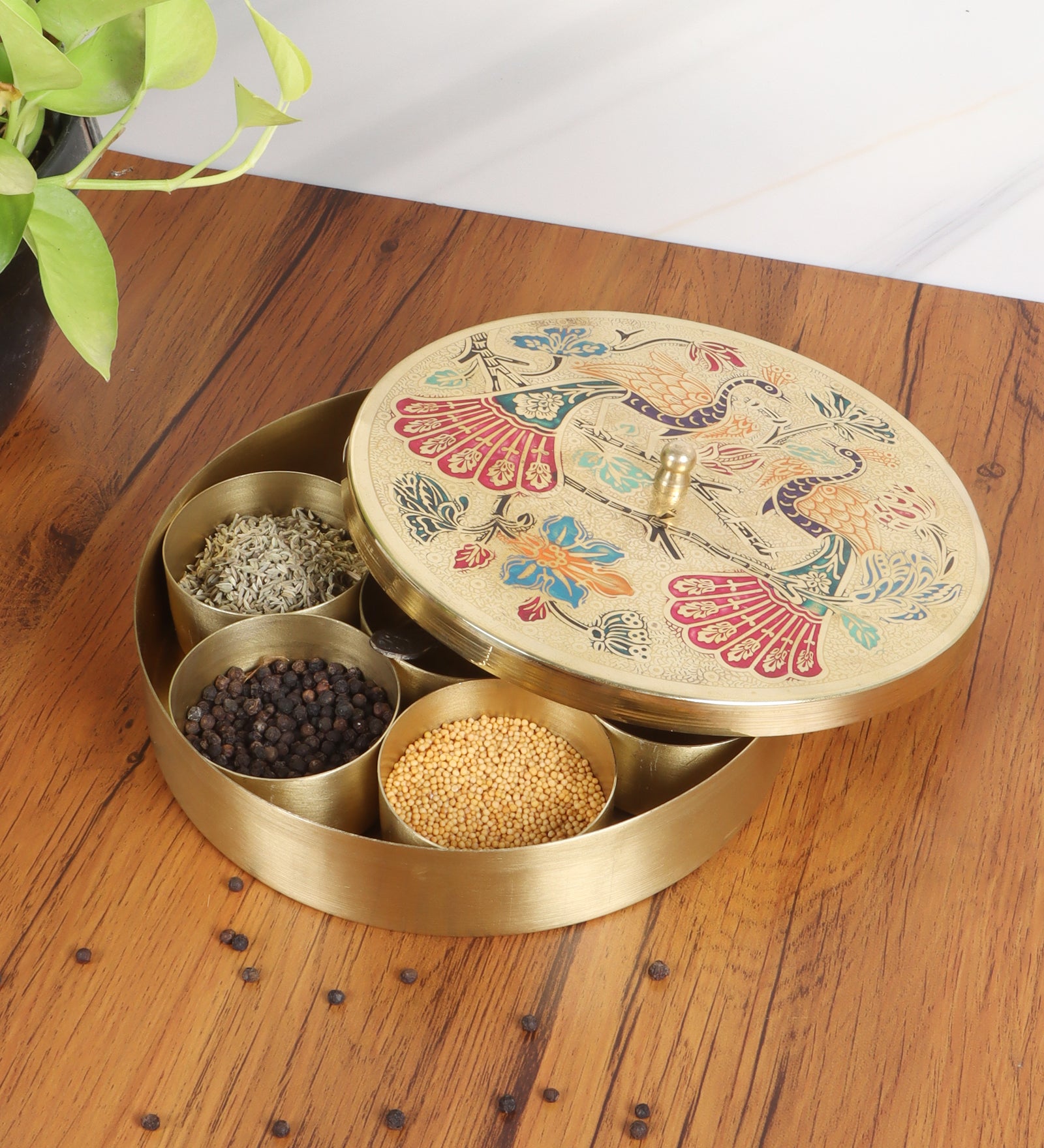 8 Inches Twin Peacock Carved Brass Spices Box Set, Brass Masala Box for Kitchen