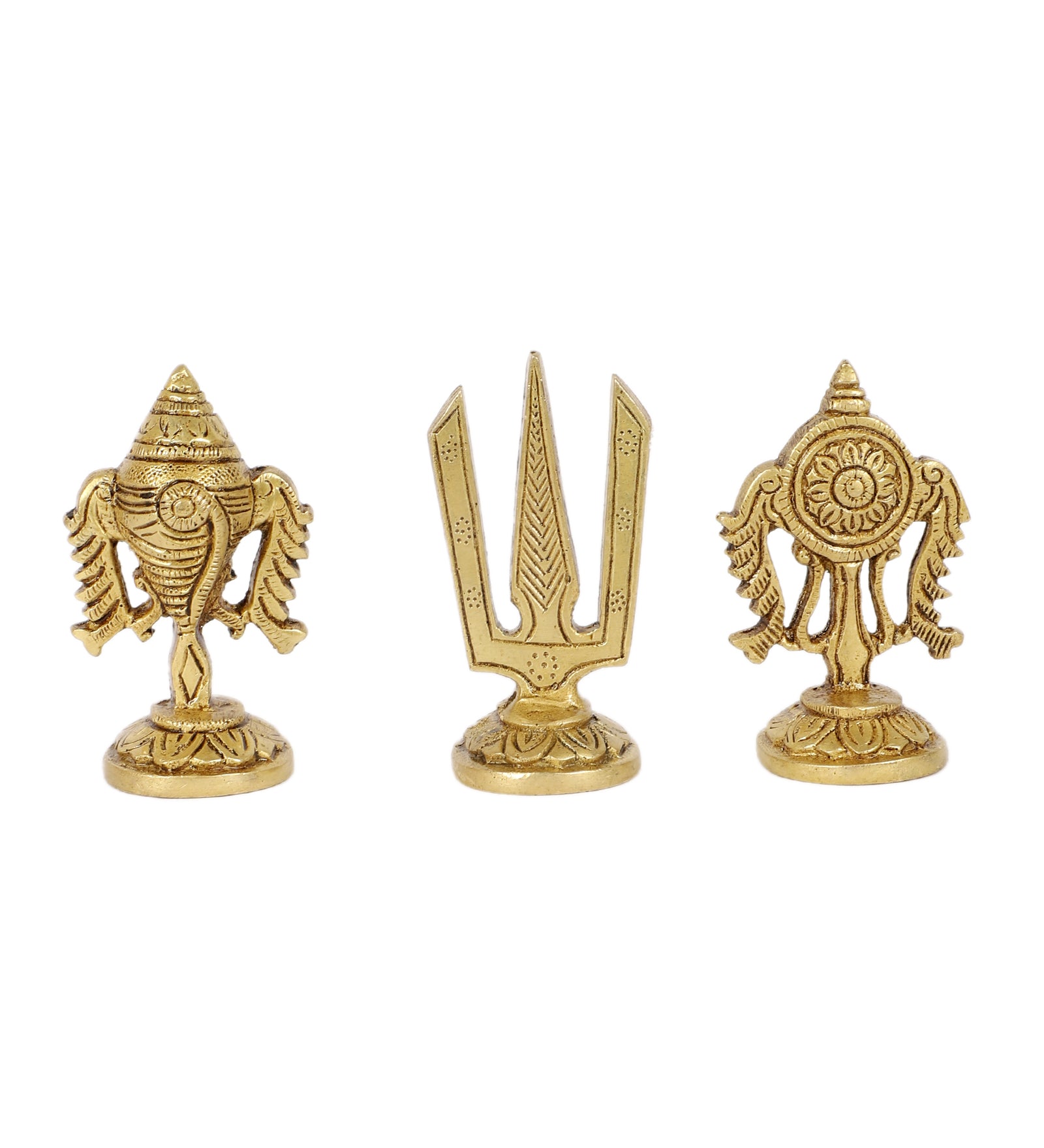 Brass 3 Inches Shankh Chakra Namah Idols, Standard, Antique Yellow