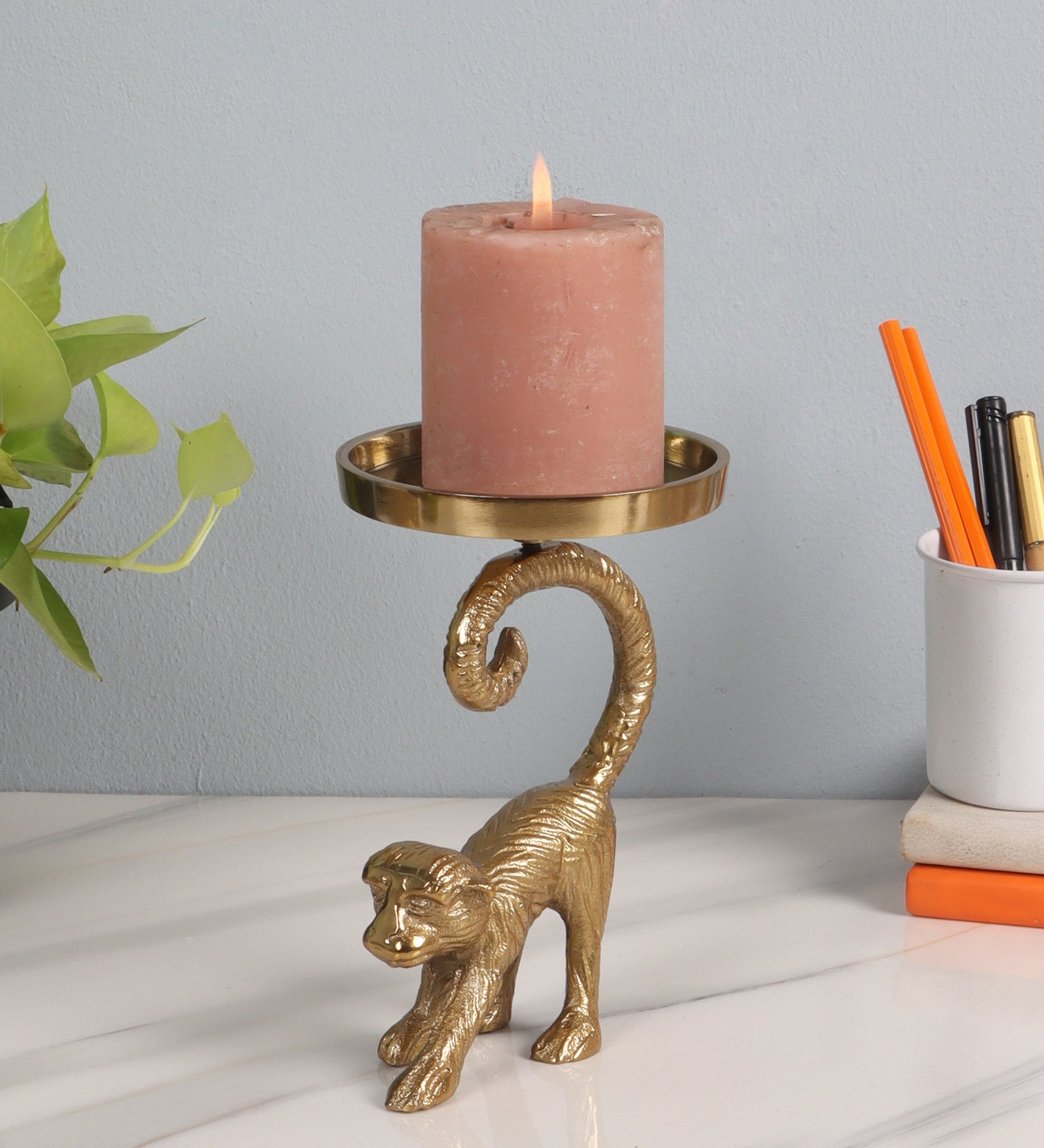 Aluminum Finish Monkey Candle Holder | Elegant Metal Monkey Tail Tealight Stand | Decorative Candle Stand for Home