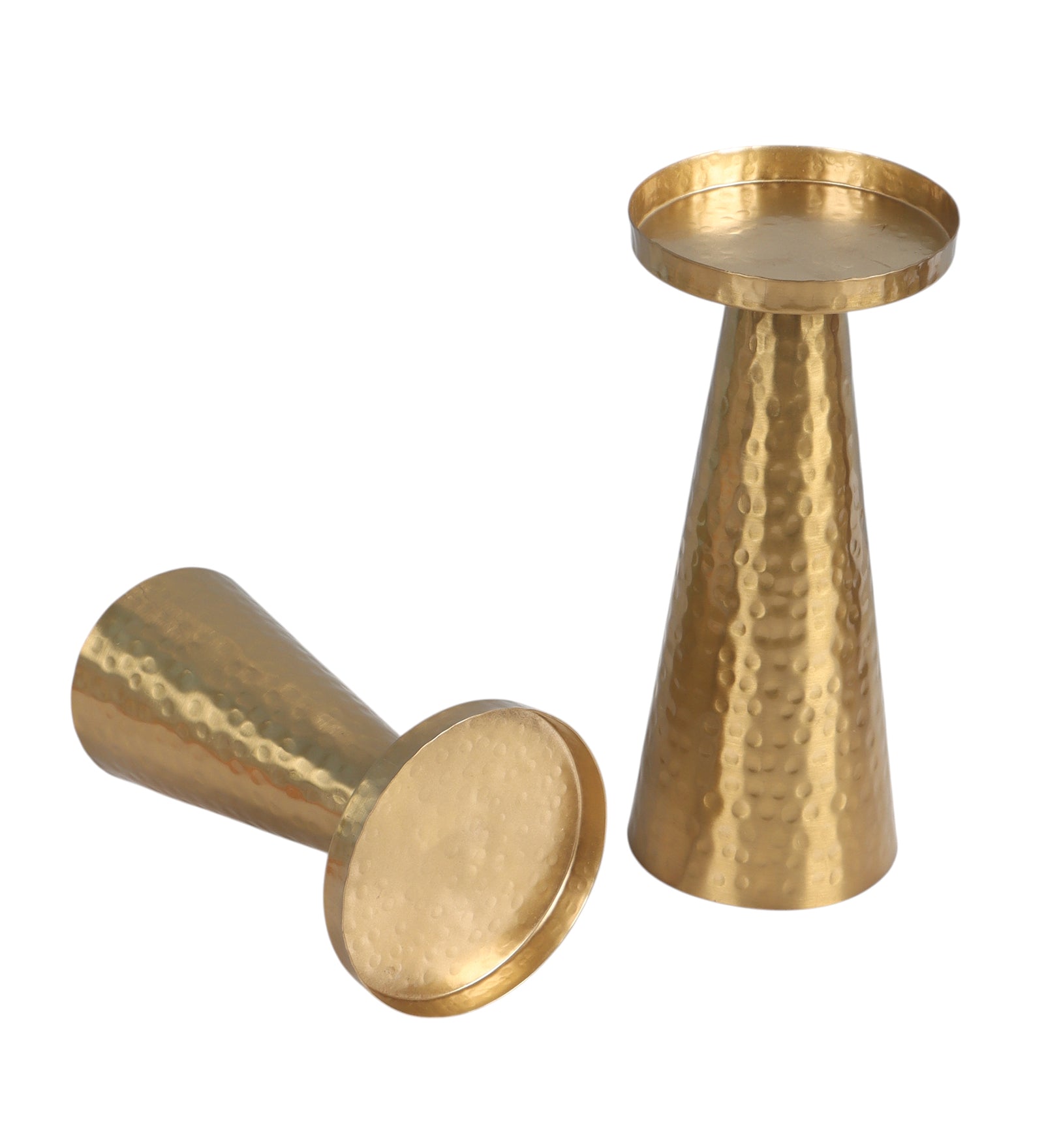 Hammered Metal Pillar Candle Holders Set of 2 | Gold Finish Candle Stand for Home Décor | Iron Tealight & Pillar Candle Stands