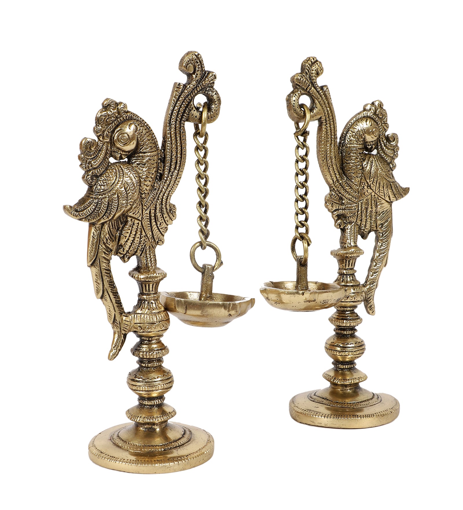 Brass 7 Inches Twin Birds on Pillar Design Diya Pair, Brass Diyas for Temple, Antique White