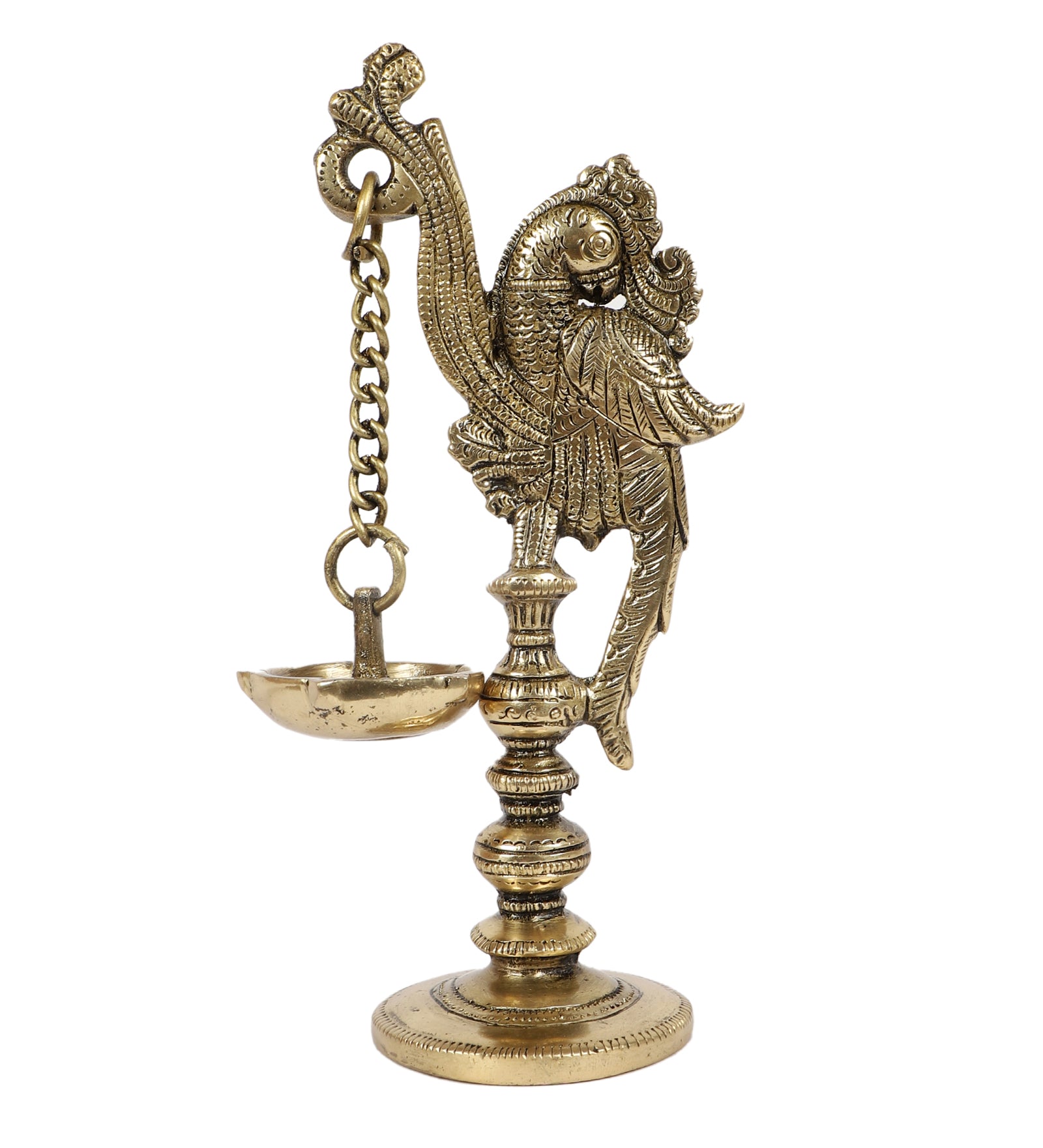 Brass 7 Inches Twin Birds on Pillar Design Diya Pair, Brass Diyas for Temple, Antique White
