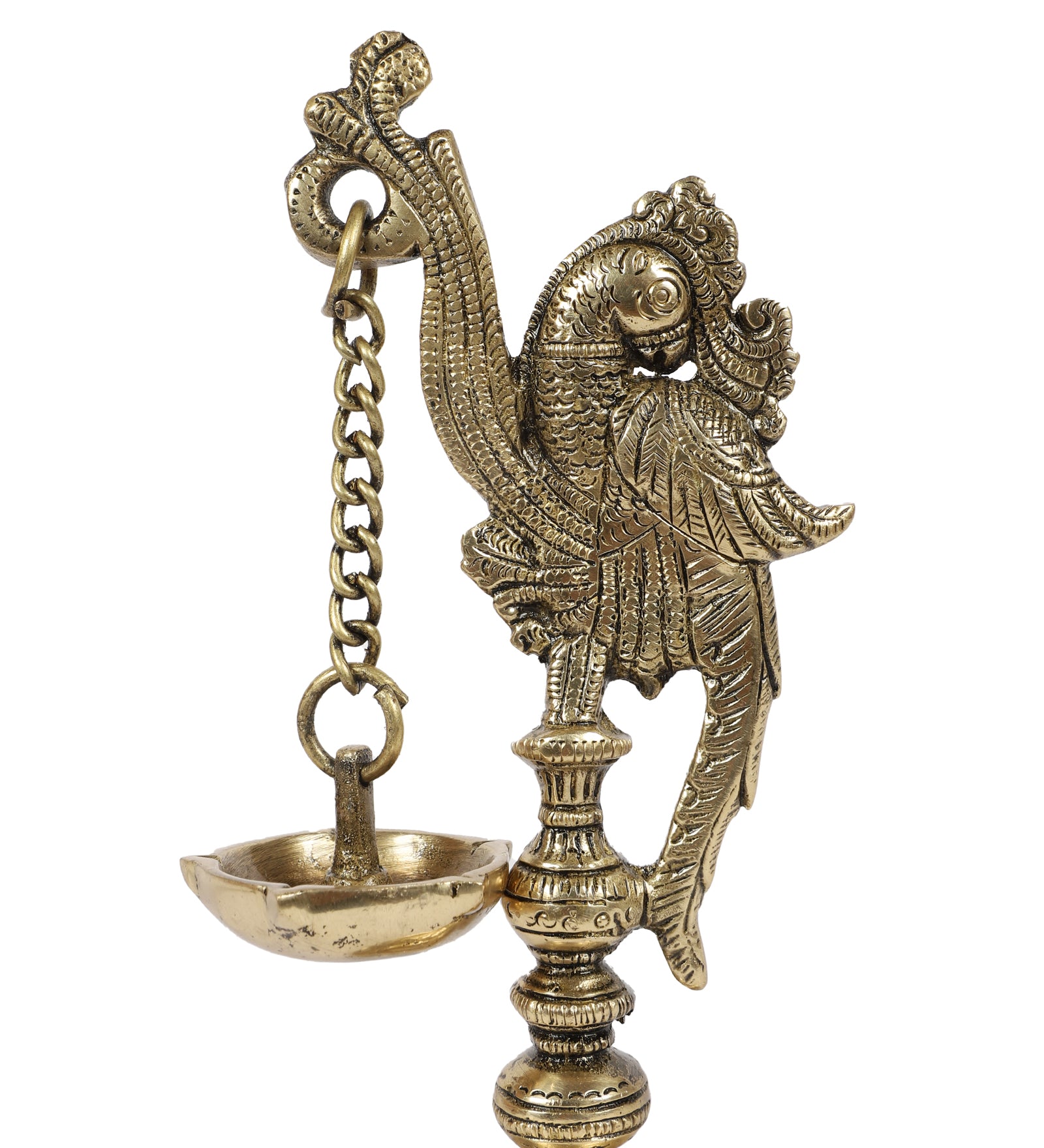 Brass 7 Inches Twin Birds on Pillar Design Diya Pair, Brass Diyas for Temple, Antique White