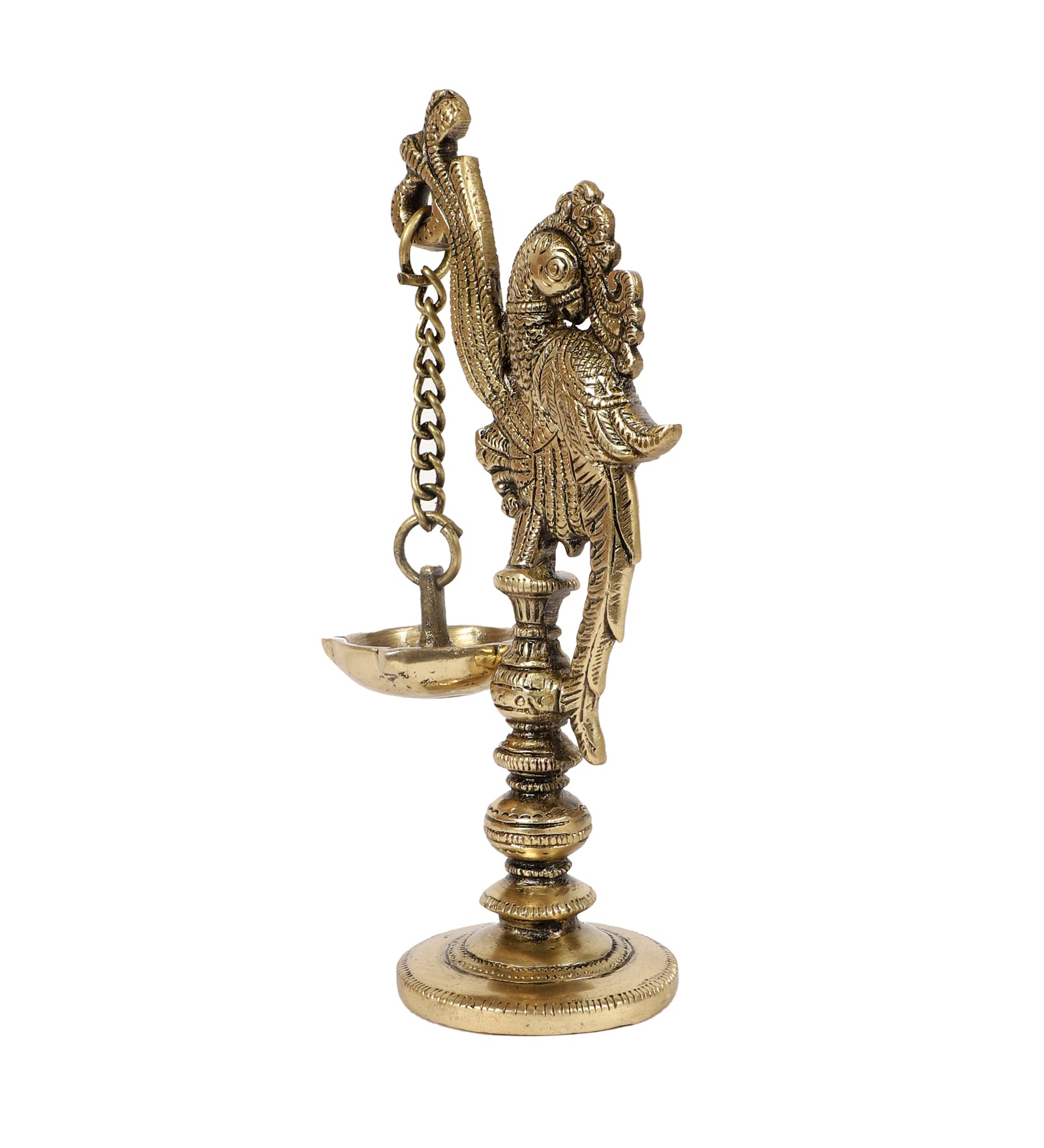 Brass 7 Inches Twin Birds on Pillar Design Diya Pair, Brass Diyas for Temple, Antique White