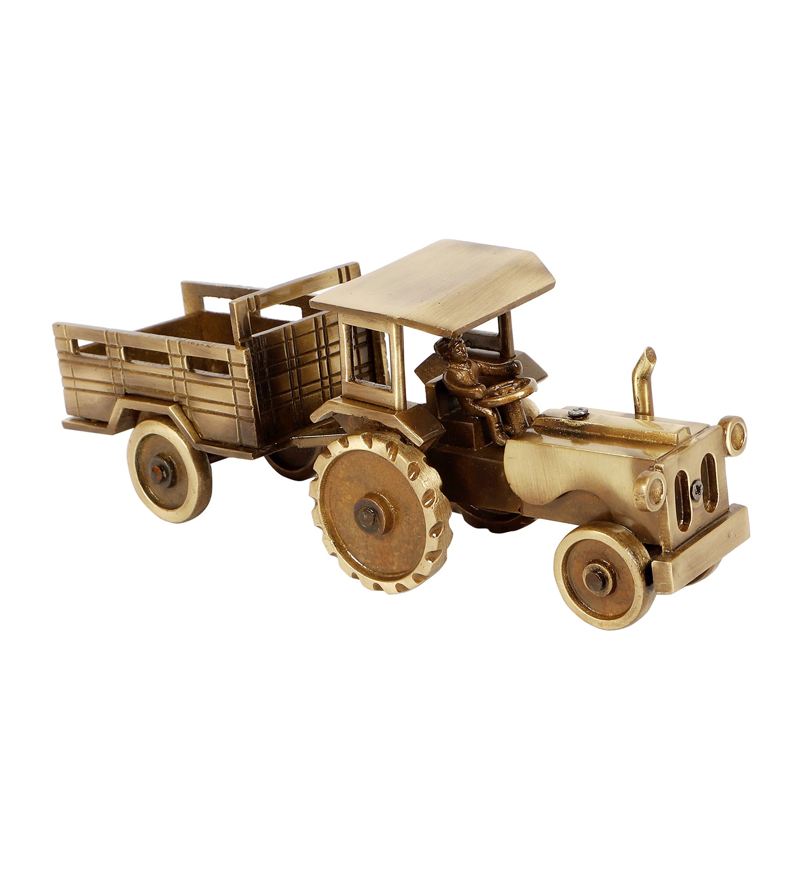 Brass 9 Inches Tractor with Trolley Miniature Showpiece, Brass Decor Showpiece