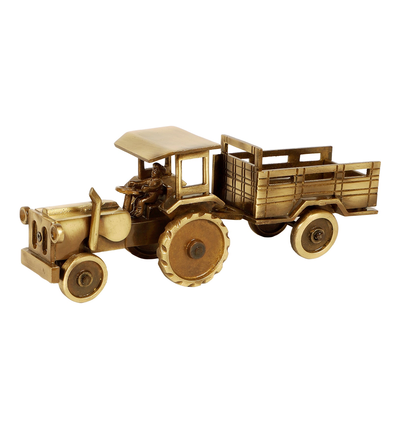 Brass 9 Inches Tractor with Trolley Miniature Showpiece, Brass Decor Showpiece