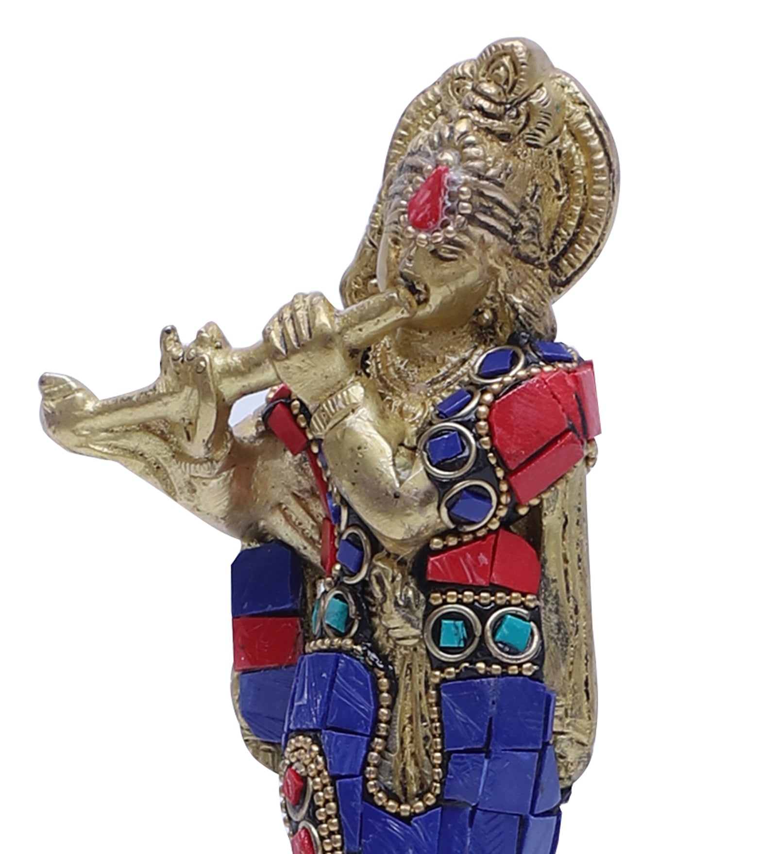 Gemstone Work 7 Inches Brass Krishna Playing Flute Statue