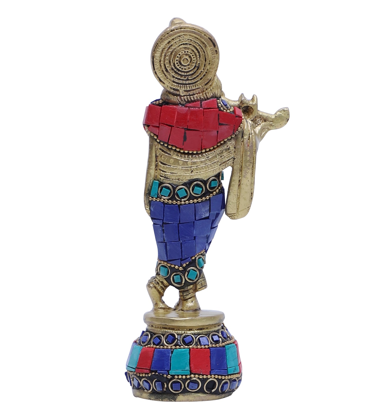 Gemstone Work 7 Inches Brass Krishna Playing Flute Statue