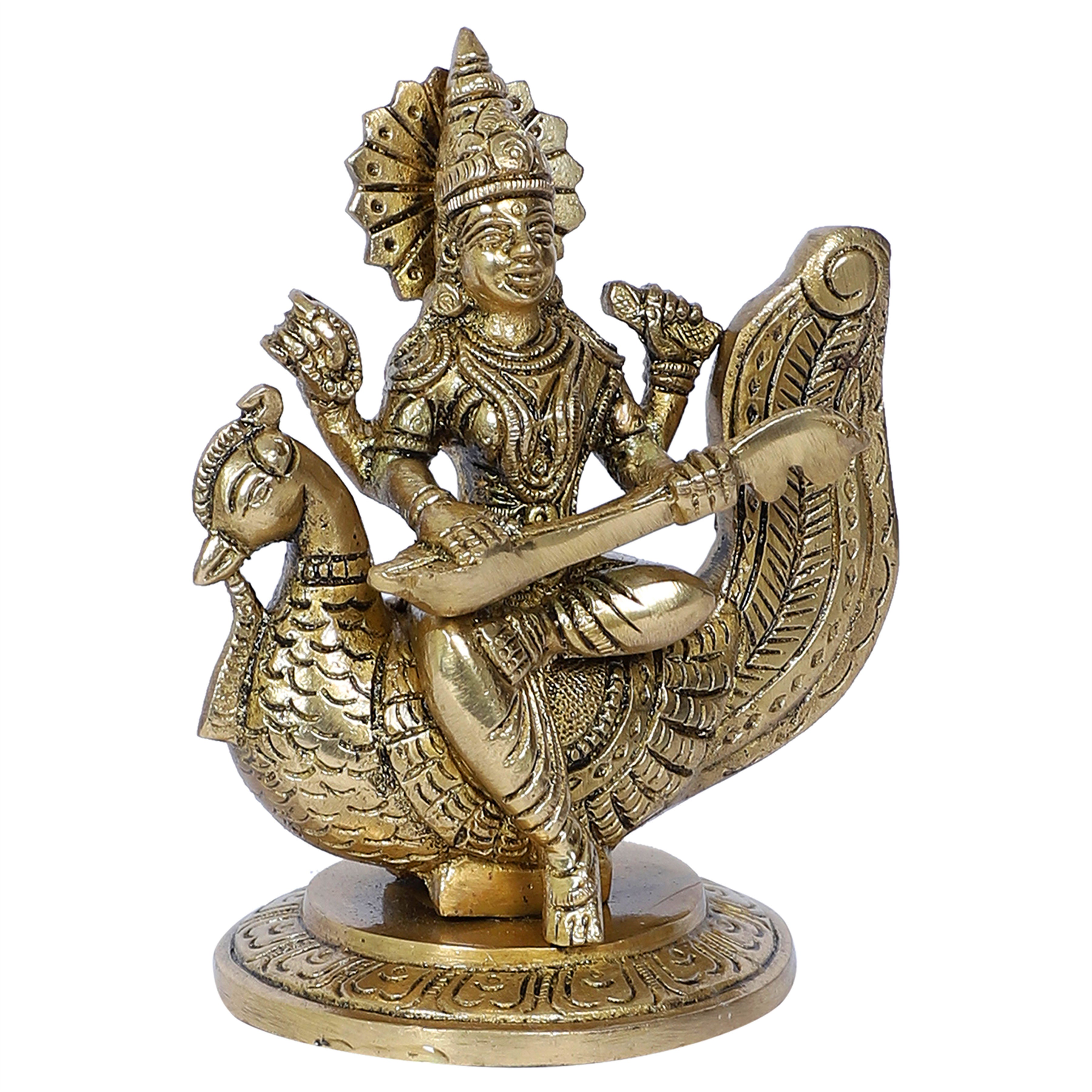 Brass Goddess Saraswati on Swan Idol, Brass God Idols, Housewarming Gifts