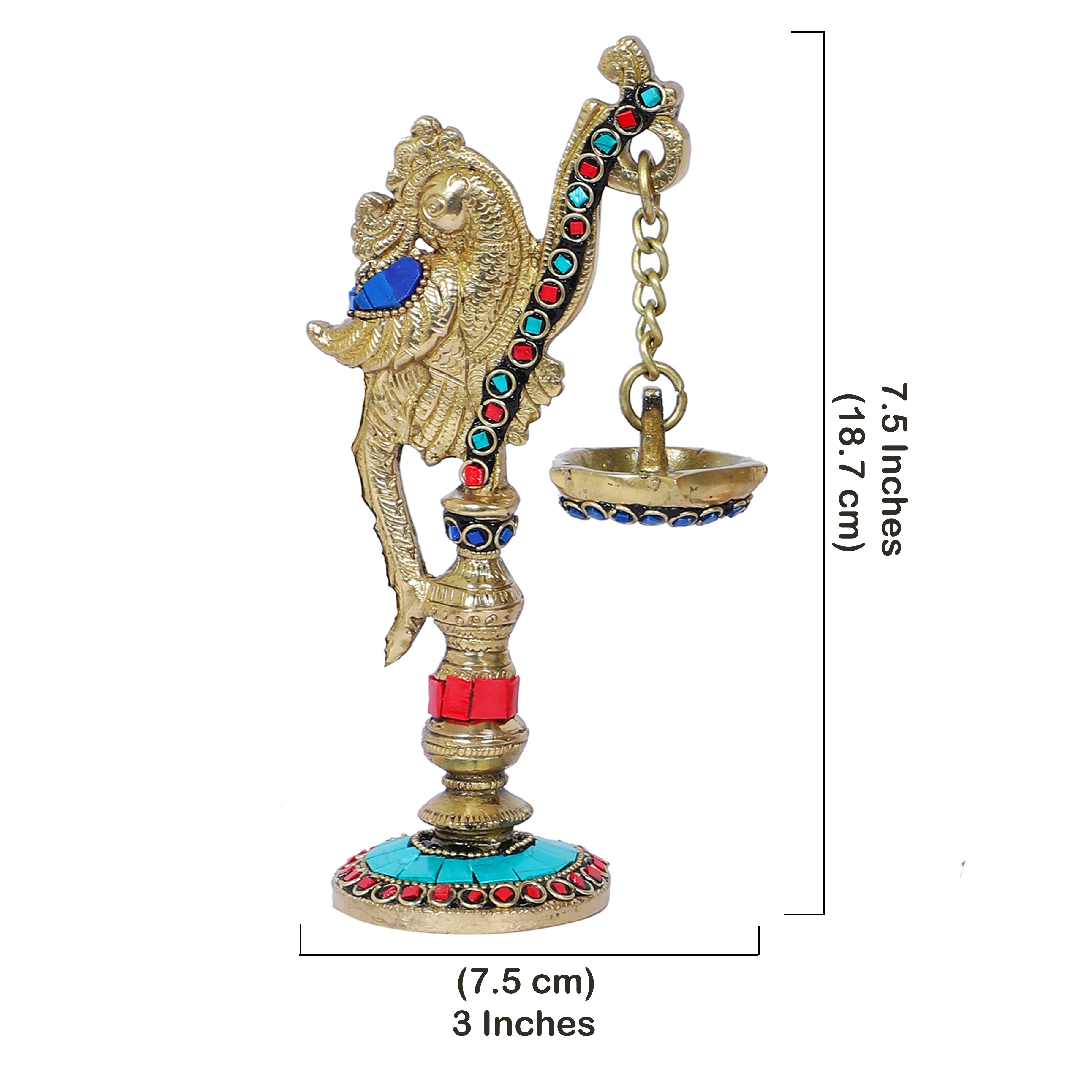 Brass Gemstone Work Peacock on Pillar Design Diya Pair , Brass Diyas for Home/Temple