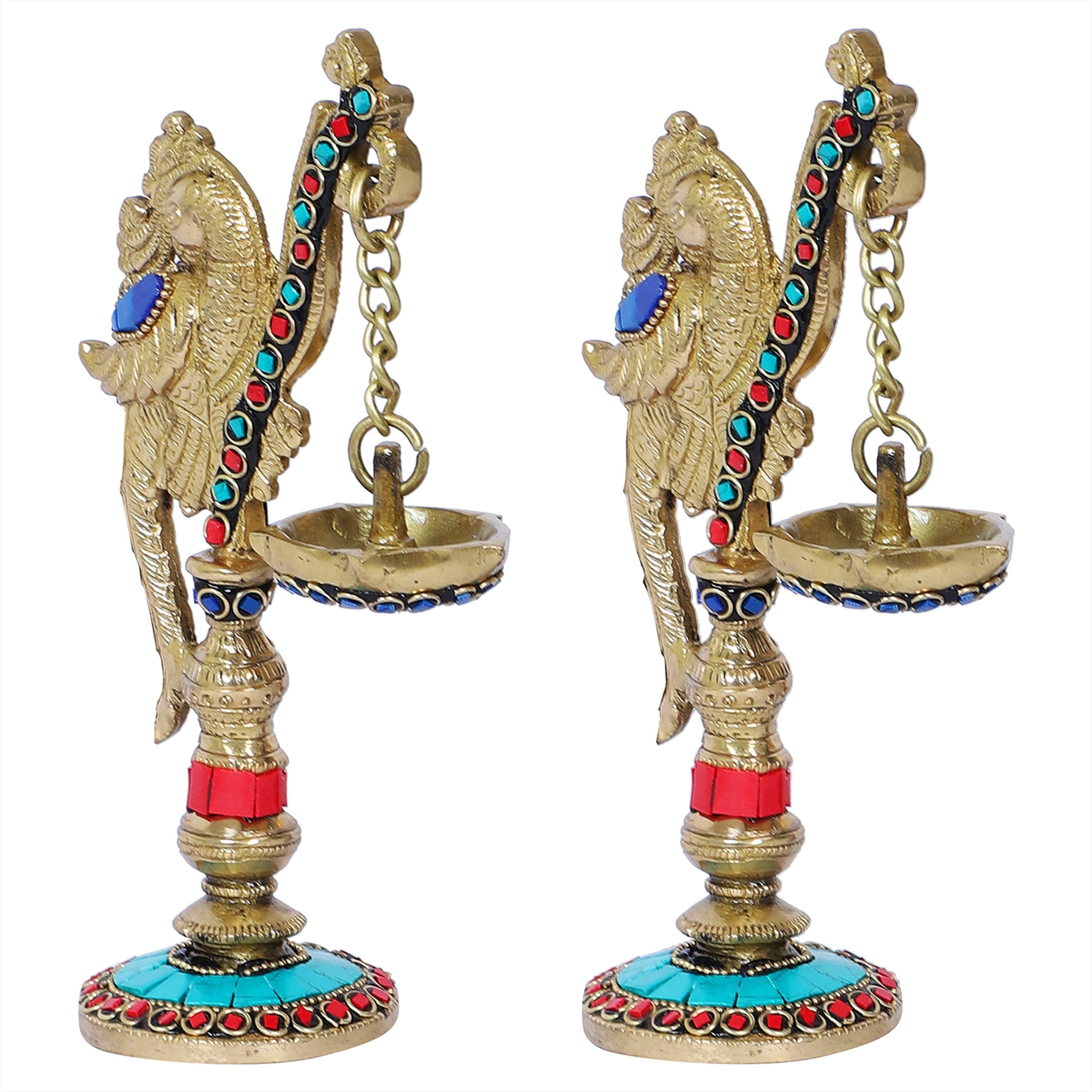 Brass Gemstone Work Peacock on Pillar Design Diya Pair , Brass Diyas for Home/Temple