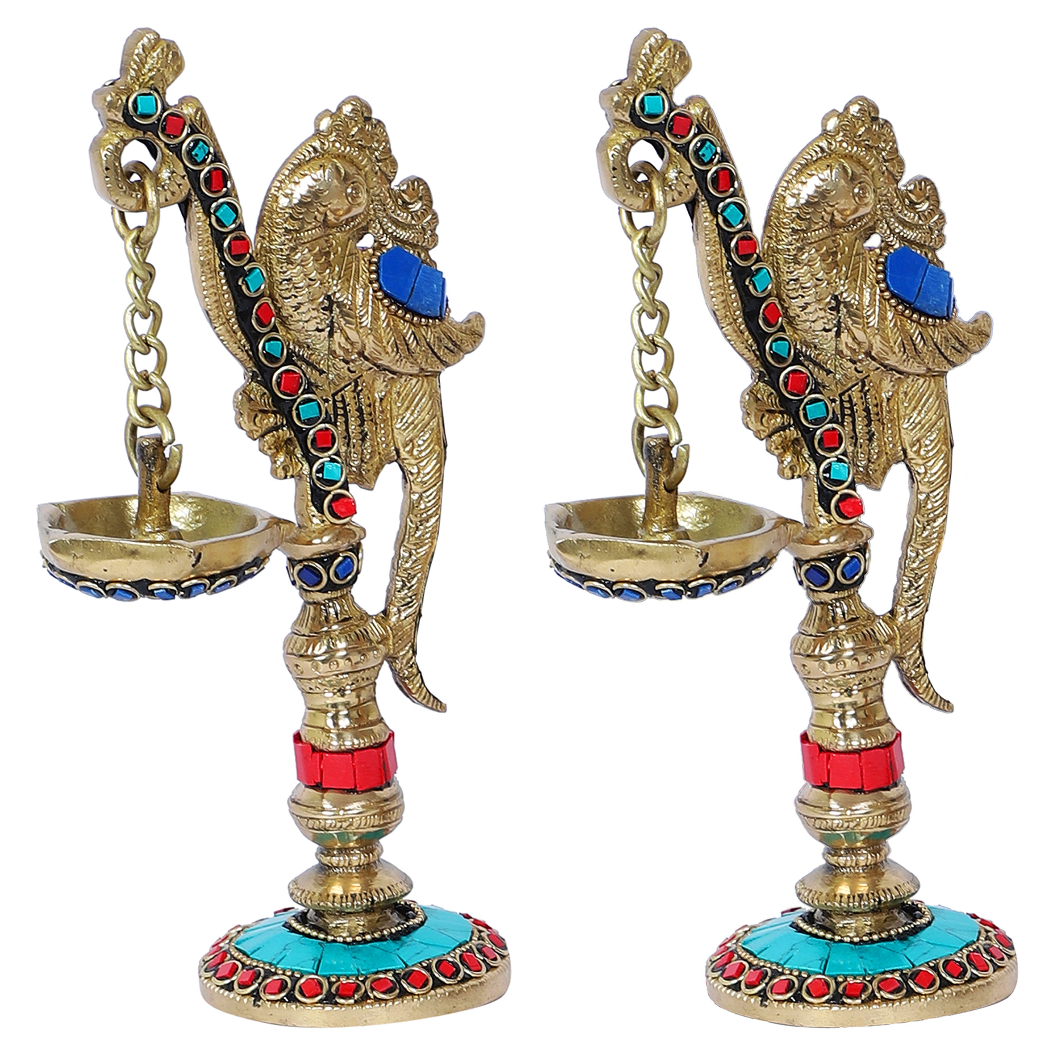 Brass Gemstone Work Peacock on Pillar Design Diya Pair , Brass Diyas for Home/Temple