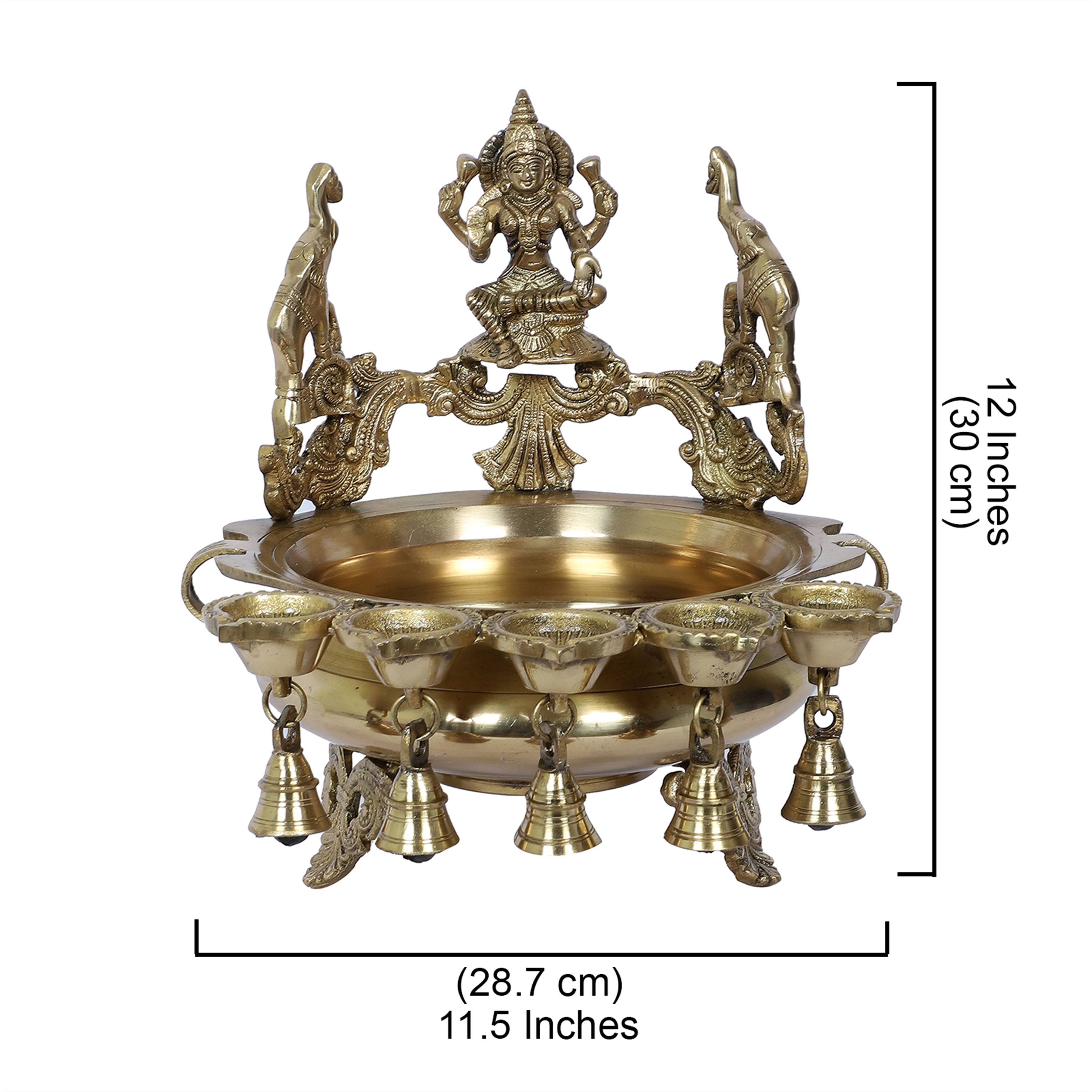 Brass 12 Inches Goddess Laxmi Urli with 5 Diyas and Bells