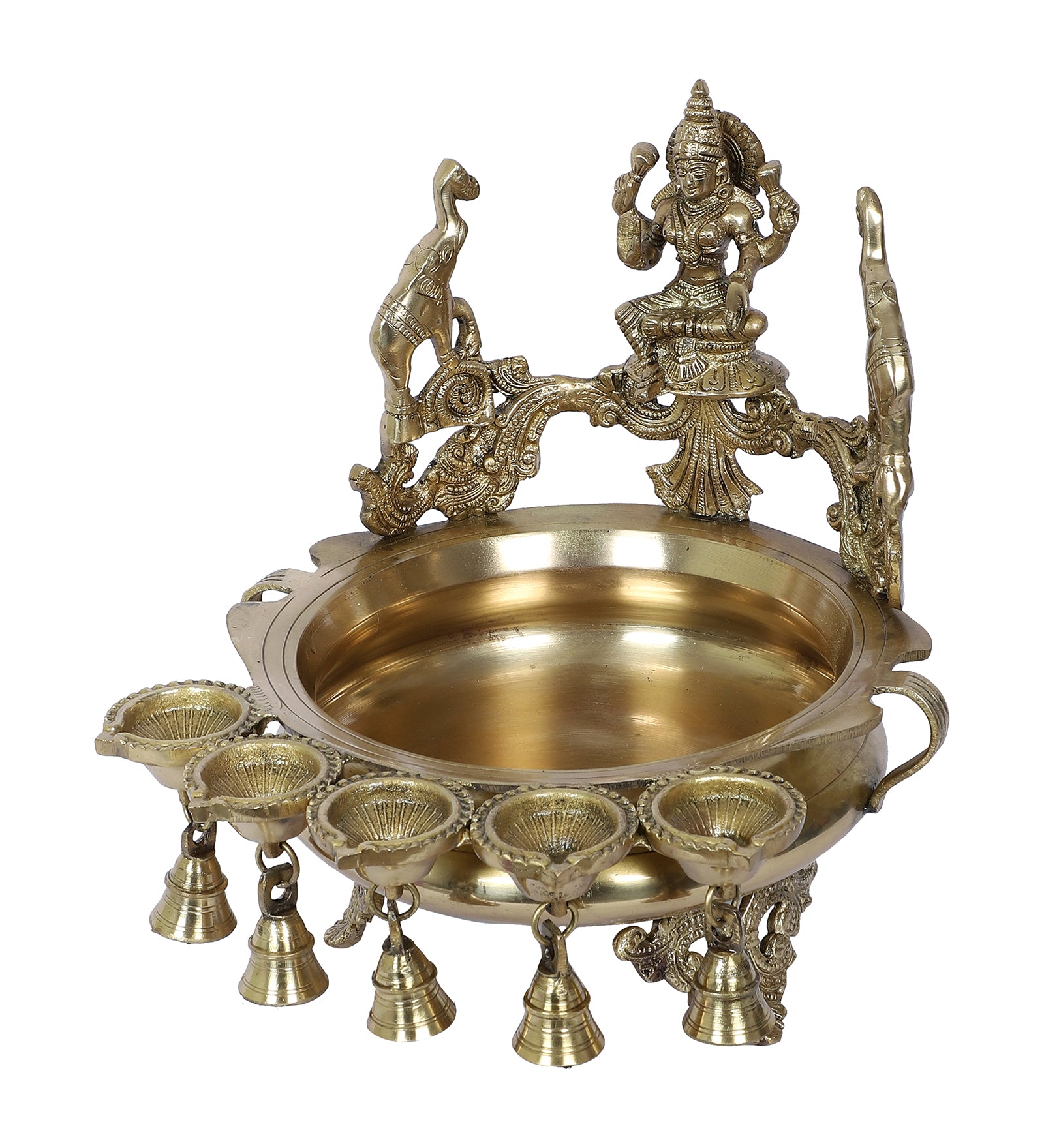 Brass 12 Inches Goddess Laxmi Urli with 5 Diyas and Bells