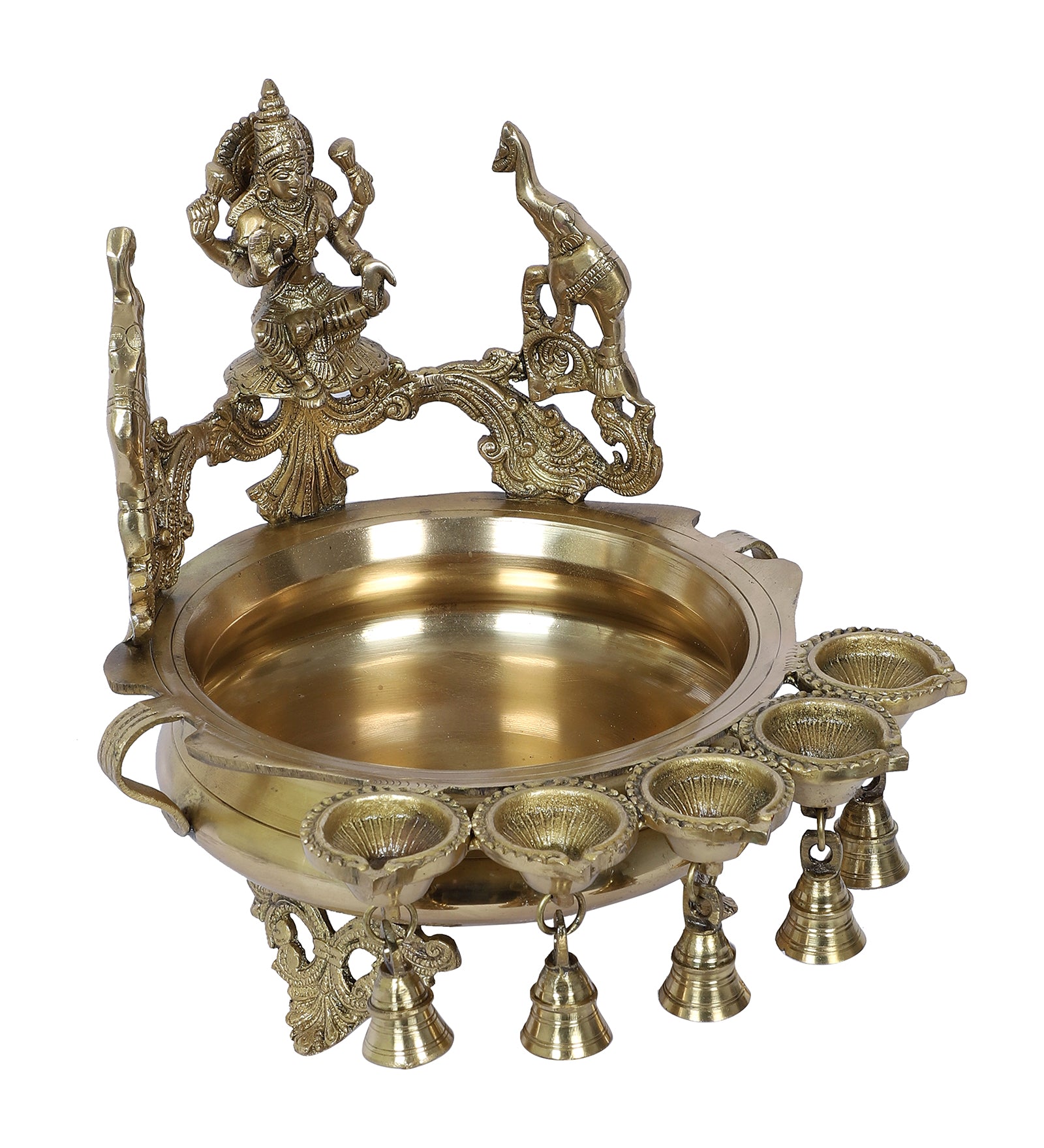 Brass 12 Inches Goddess Laxmi Urli with 5 Diyas and Bells