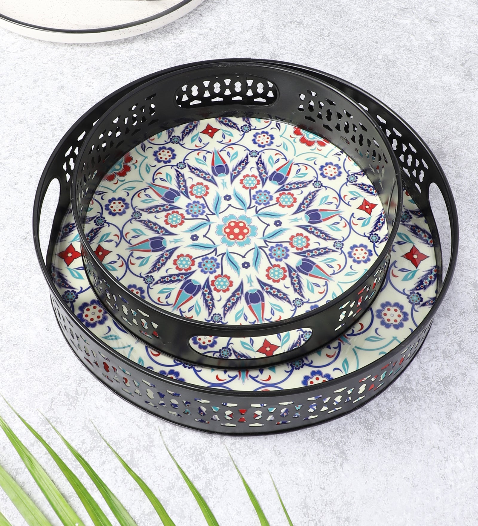 Ethnic Floral Design Serving Trays Set (8 Inches & 10 Inches),Serving Plates for Home