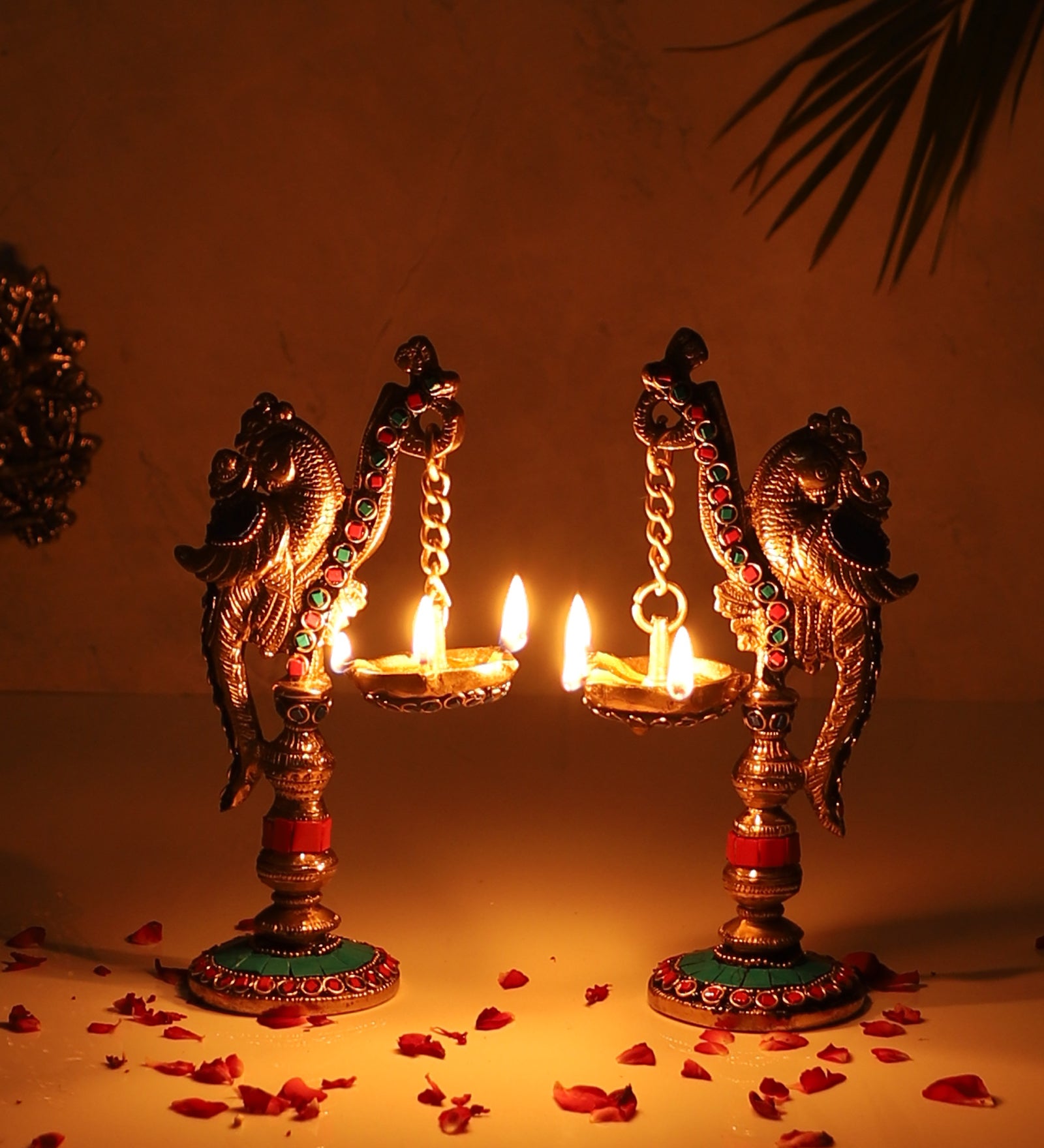 Brass Gemstone Work Peacock on Pillar Design Diya Pair , Brass Diyas for Home/Temple