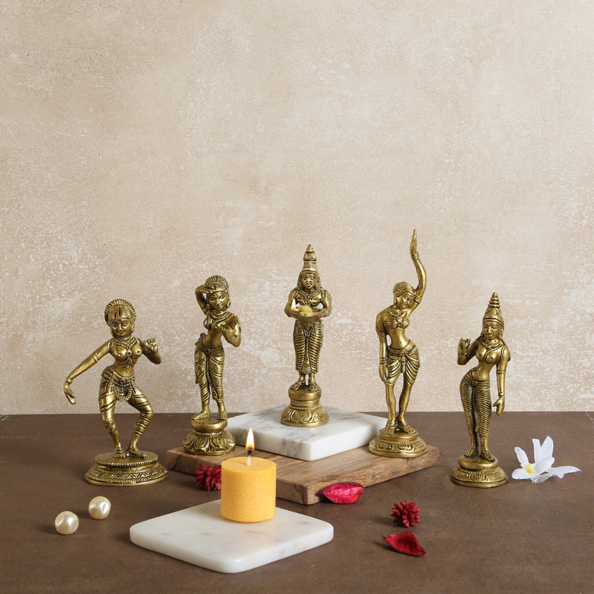 Brass Apsara Showpieces - Set of 5 Statues