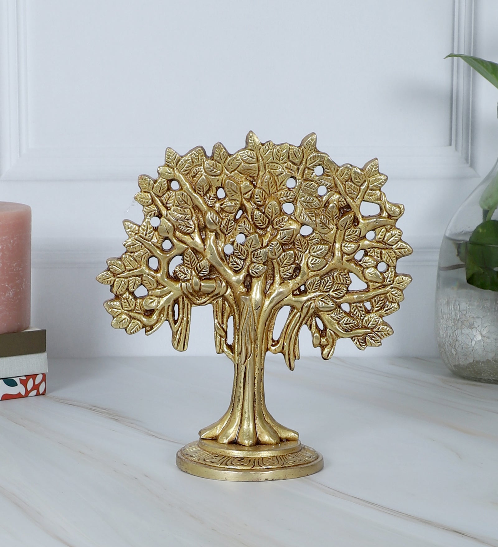 Brass 7.5 Inches Kalpvriksh Tree Showpiece, Tree Showpiece for Home Decor