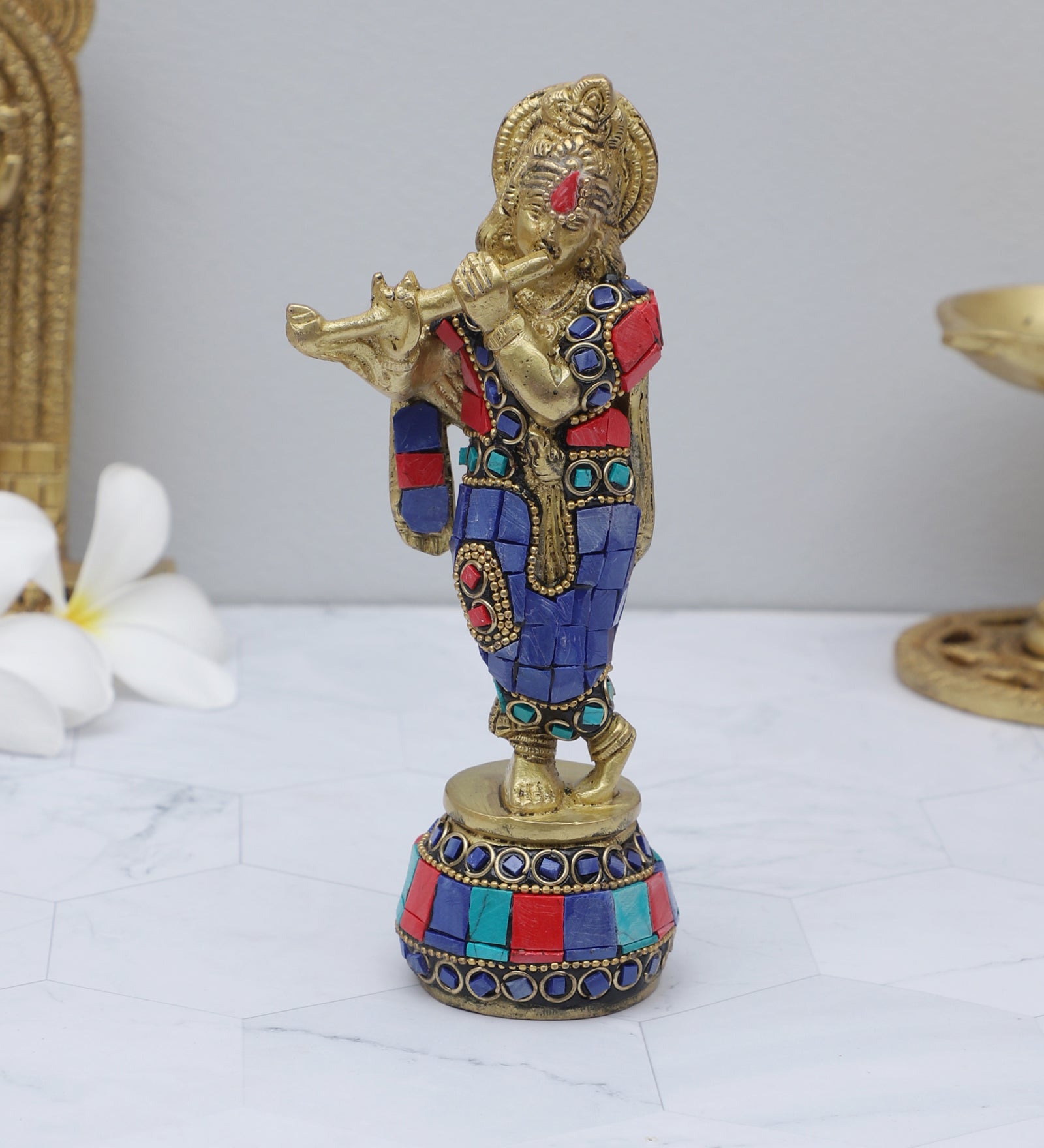 Gemstone Work 7 Inches Brass Krishna Playing Flute Statue