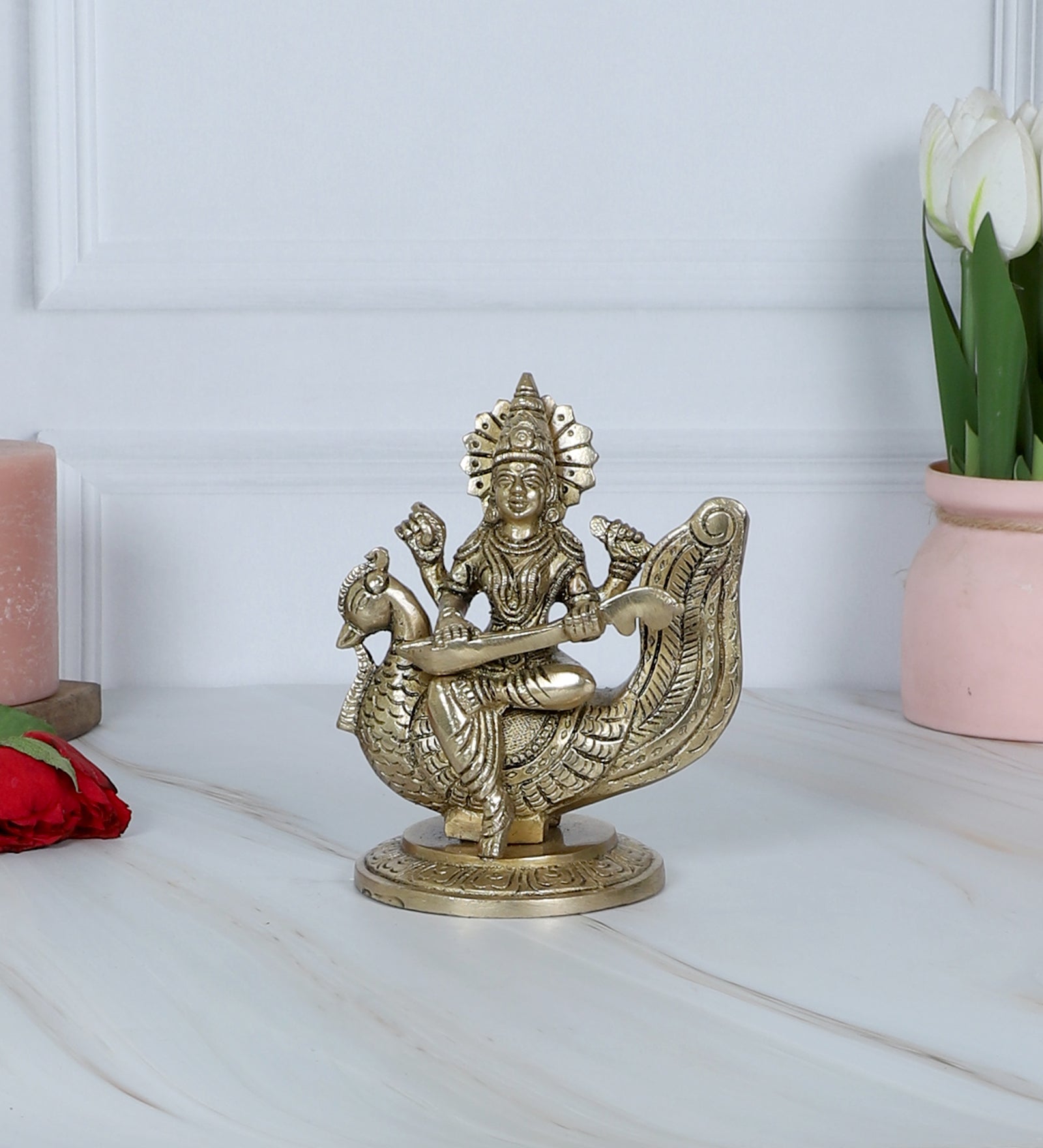 Brass Goddess Saraswati on Swan Idol, Brass God Idols, Housewarming Gifts