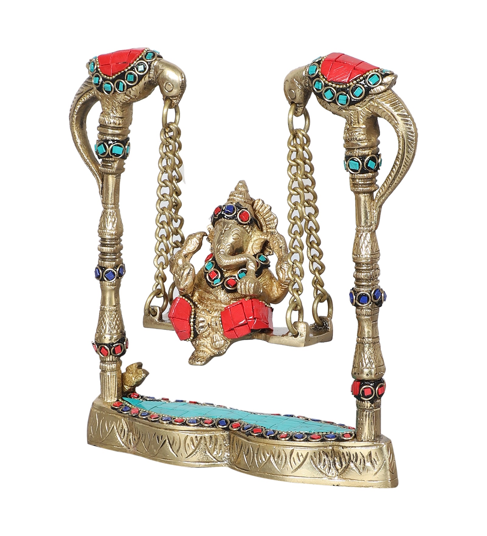 7.5 Inches Gemstone Work Ganesha on Peacock Swing Jhoola Brass Showpiece