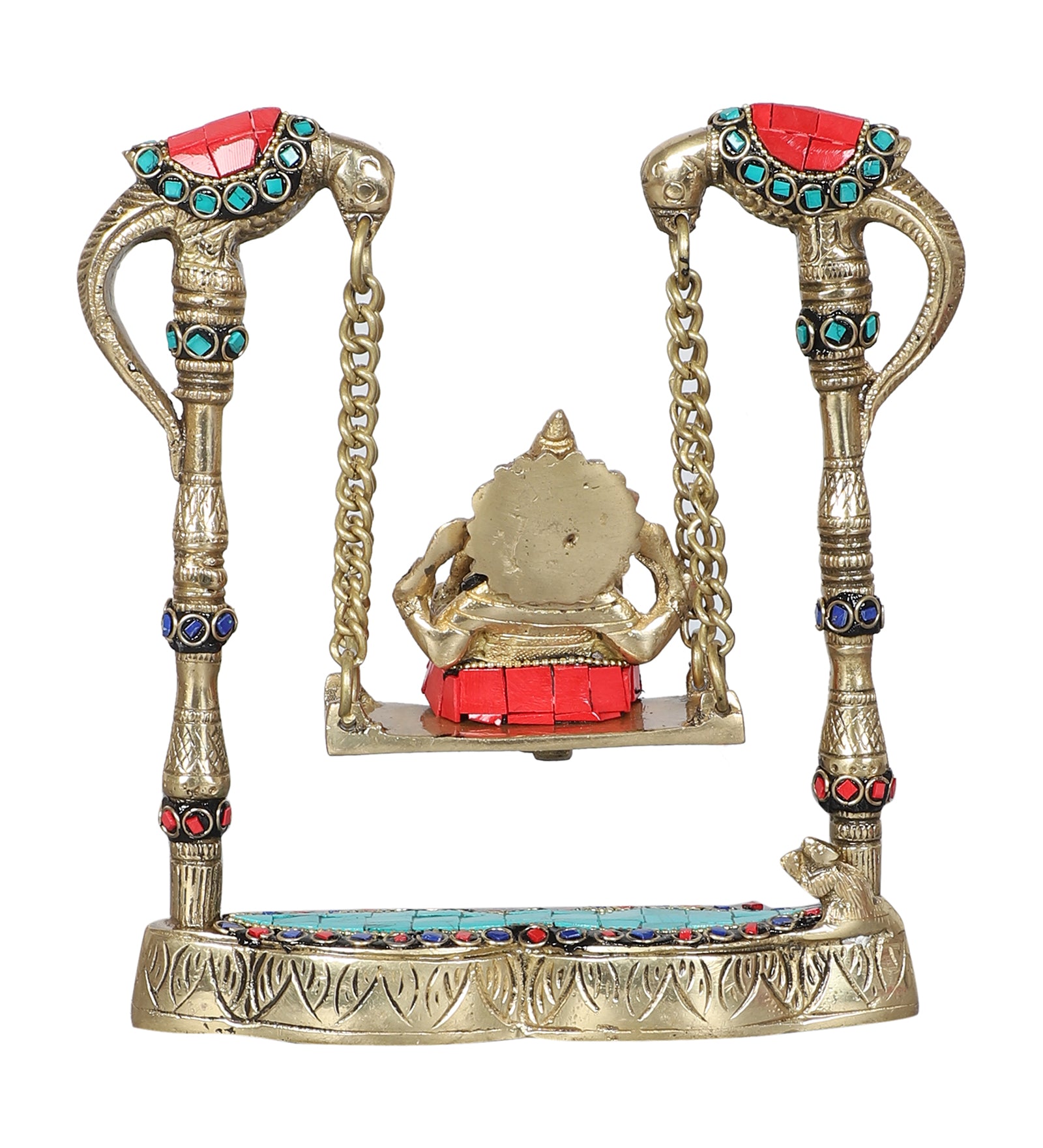 7.5 Inches Gemstone Work Ganesha on Peacock Swing Jhoola Brass Showpiece