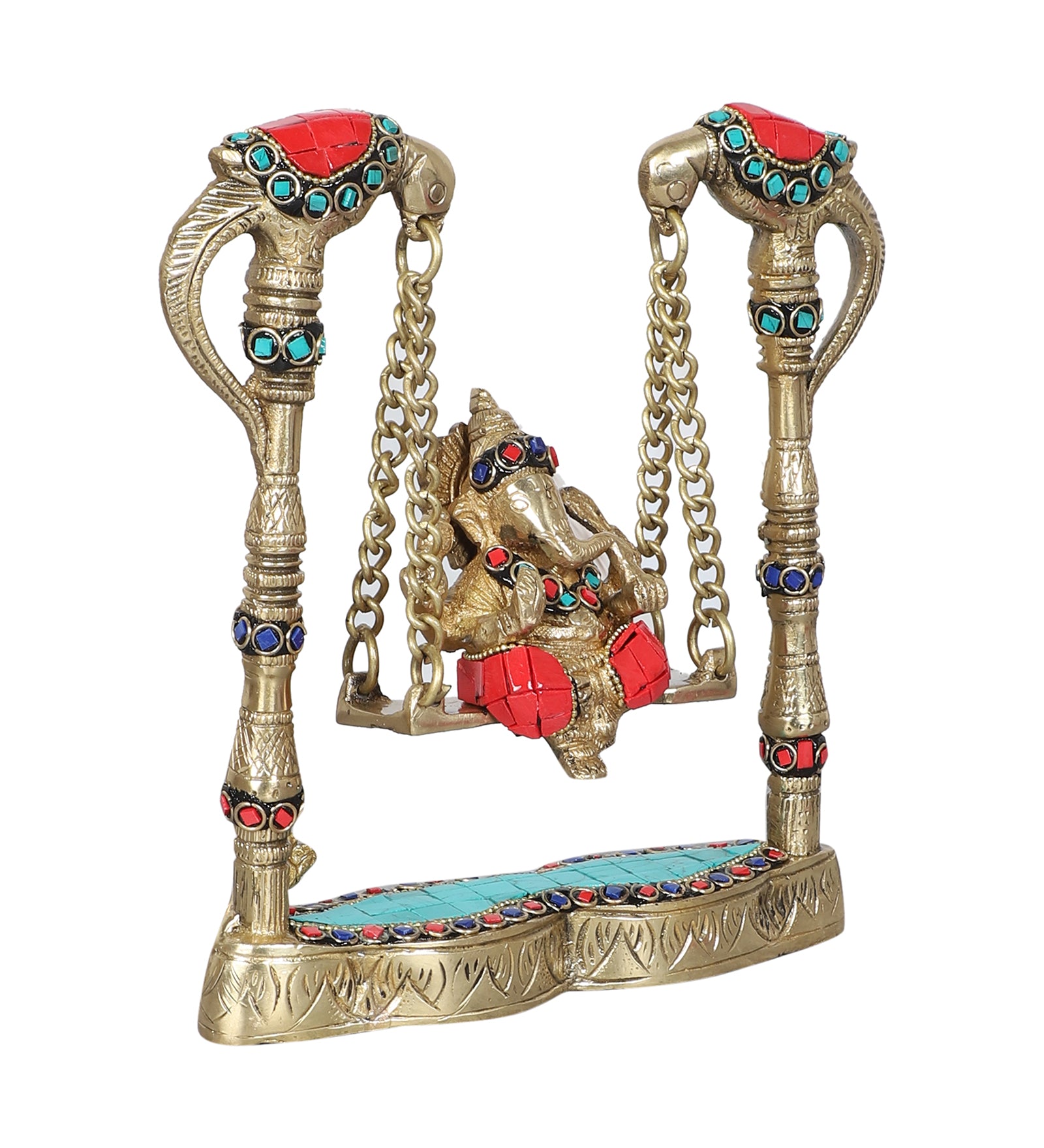 7.5 Inches Gemstone Work Ganesha on Peacock Swing Jhoola Brass Showpiece