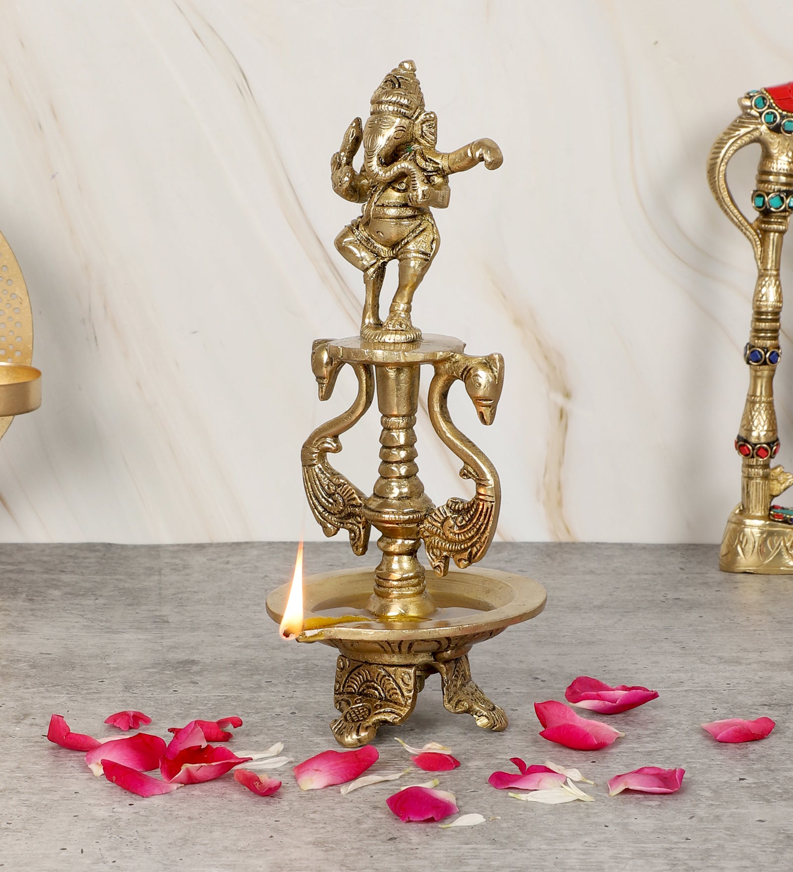 Brass Dancing Ganesha Oil Diya with Base, Diyas for Puja