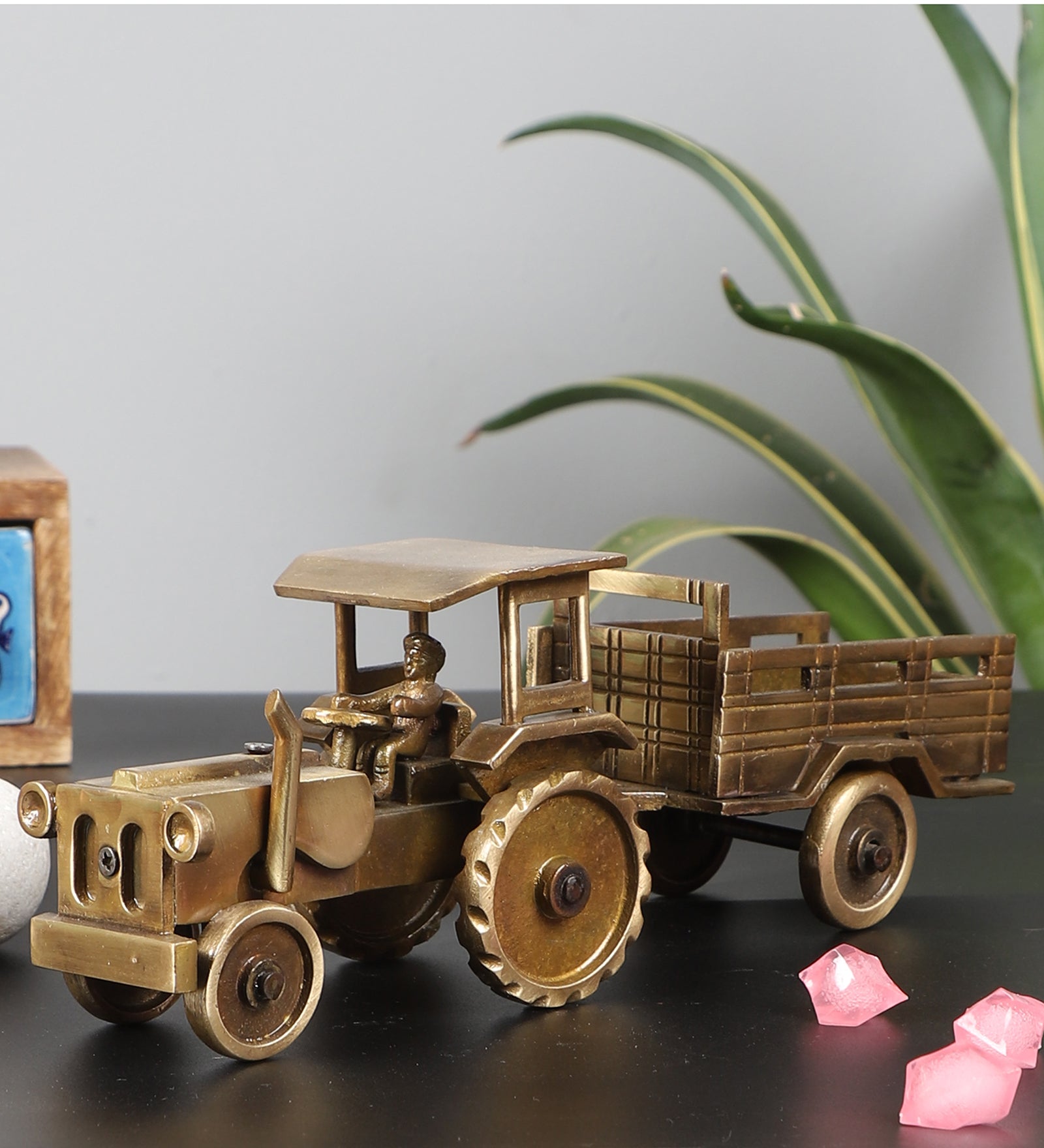 Brass 9 Inches Tractor with Trolley Miniature Showpiece, Brass Decor Showpiece