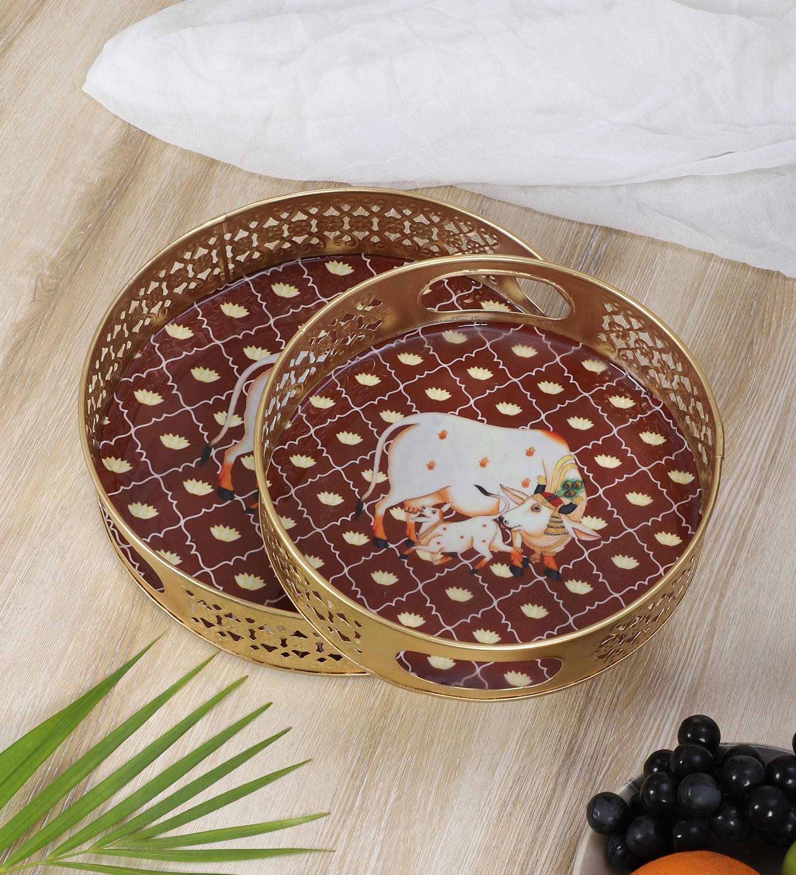 Kamdhenu Cow with Calf Design Serving Trays Set (8 Inches & 10 Inches), Serving Plates for Home