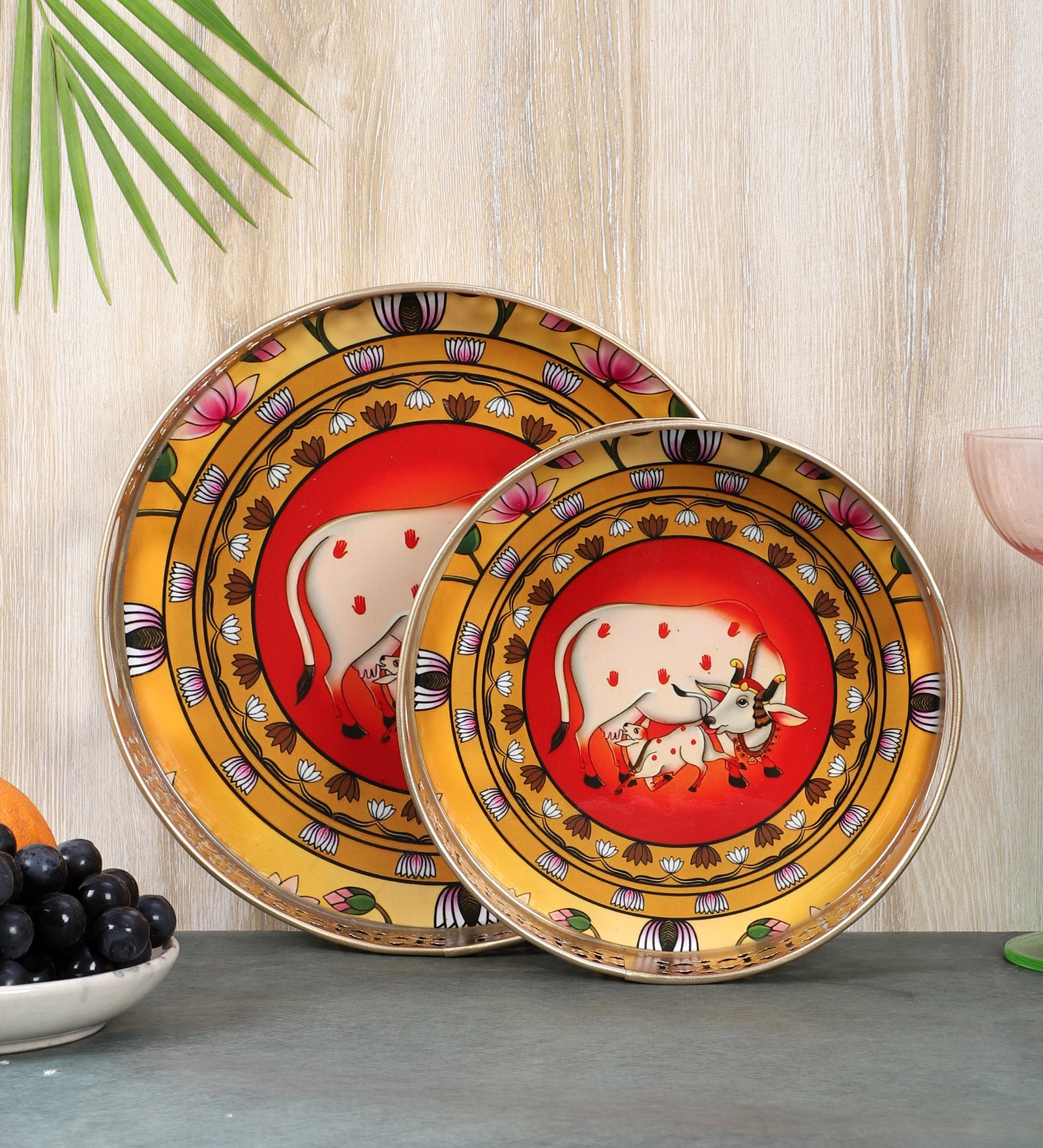 Kamdhenu Cow & Calf with Lotus Design Serving Trays Set (8 Inches & 10 Inches), Serving Plates for Home