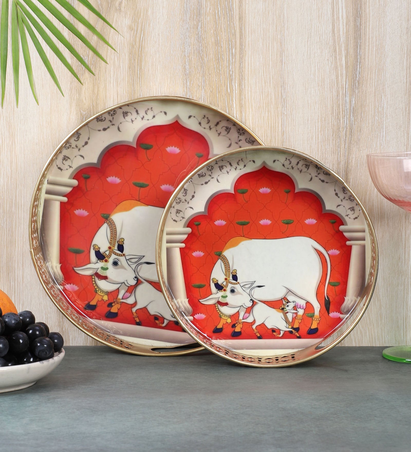 Kamdhenu Cow & Calf in Darbar Design Serving Trays Set (8 Inches & 10 Inches)