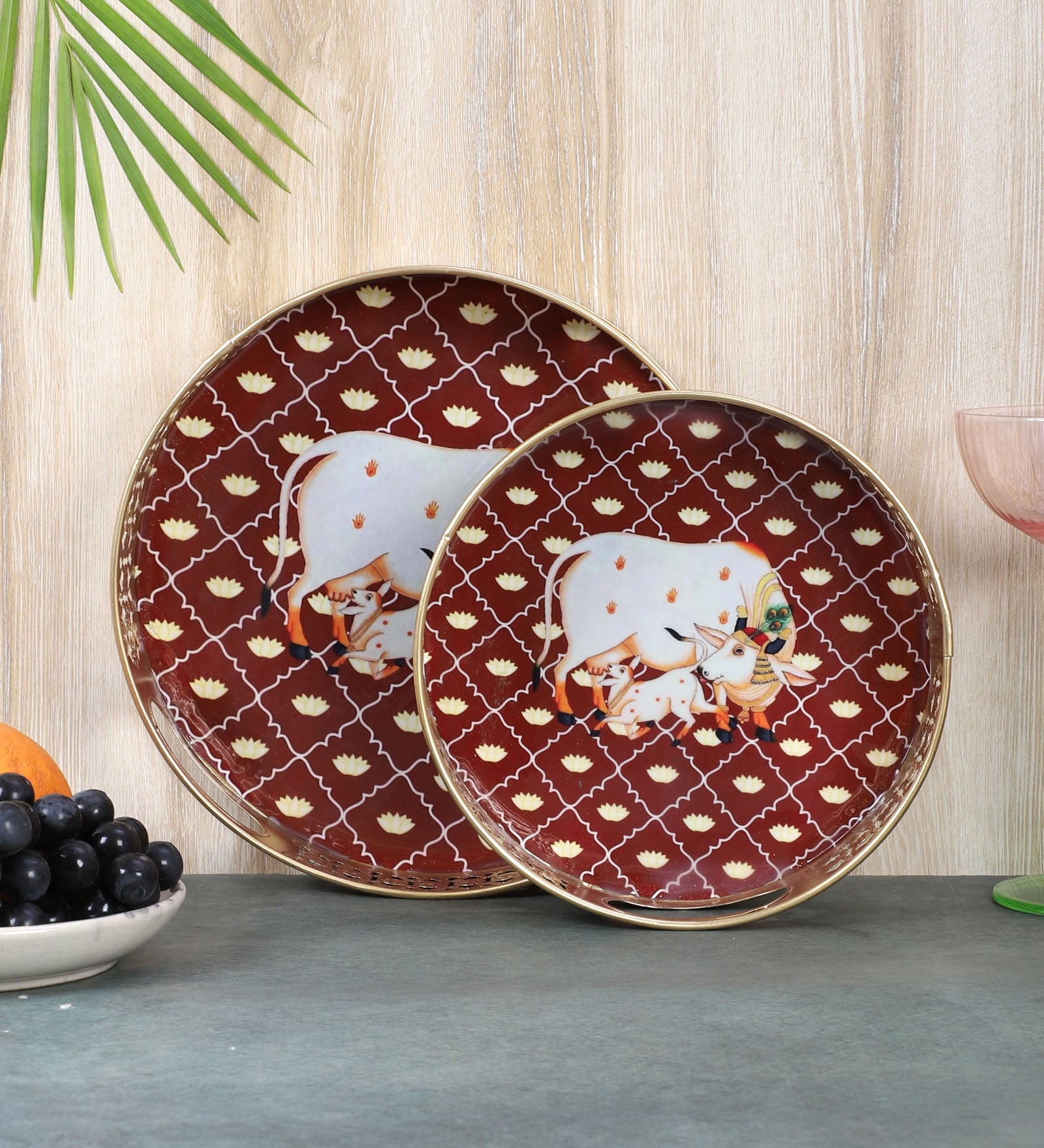 Kamdhenu Cow with Calf Design Serving Trays Set (8 Inches & 10 Inches), Serving Plates for Home