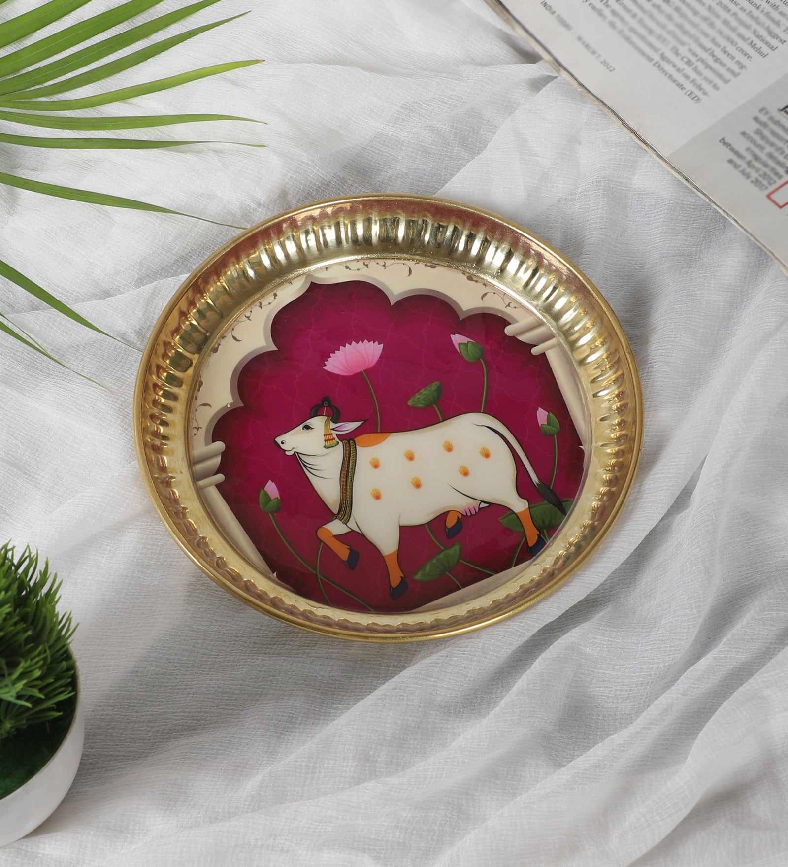 Brass 6 Inches Kamdhenu Cow Design Pooja Thali, Puja Aarti Thali for Home Temple, Gifts for Puja Ceremony