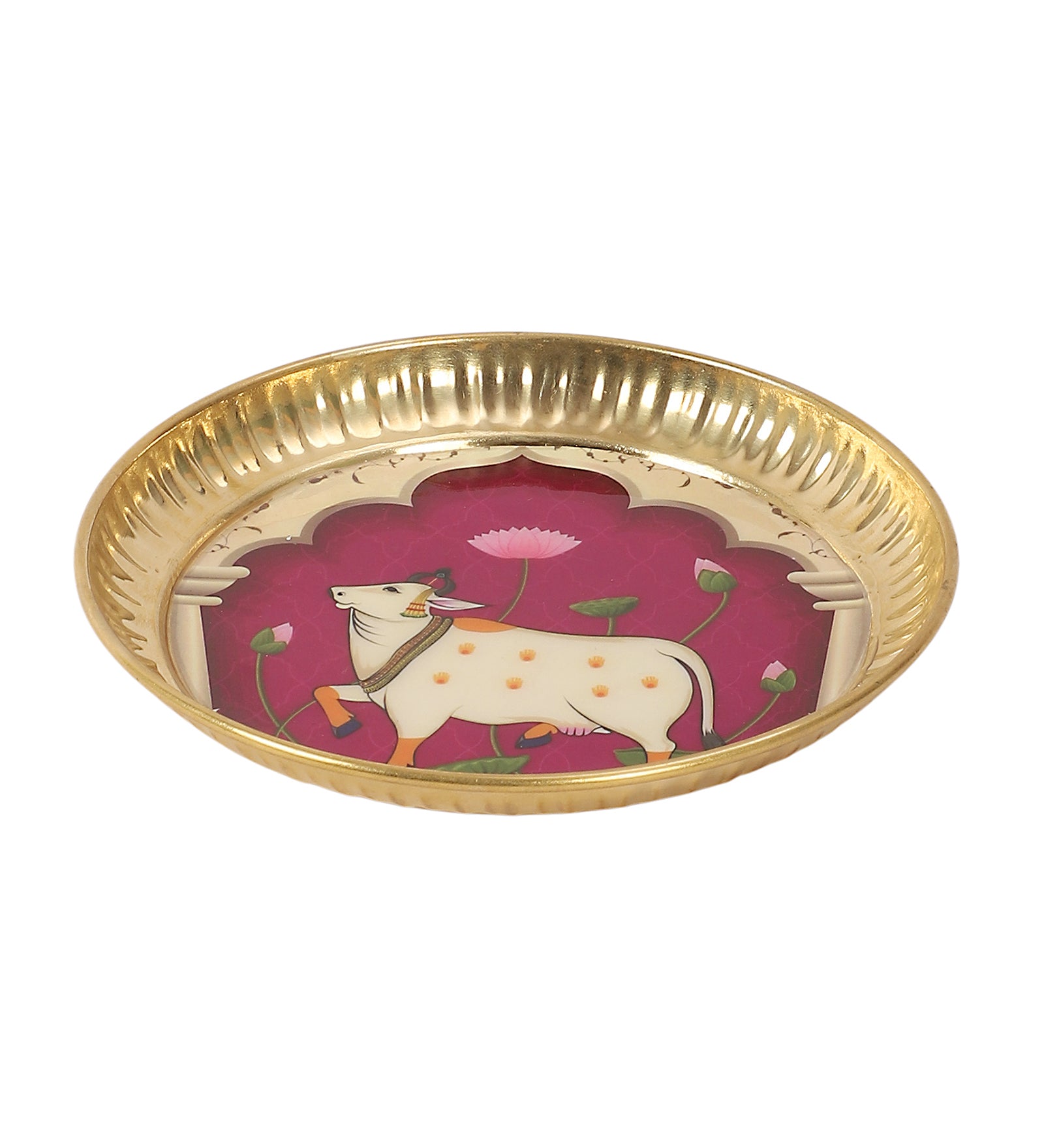 Brass 6 Inches Kamdhenu Cow Design Pooja Thali, Puja Aarti Thali for Home Temple, Gifts for Puja Ceremony