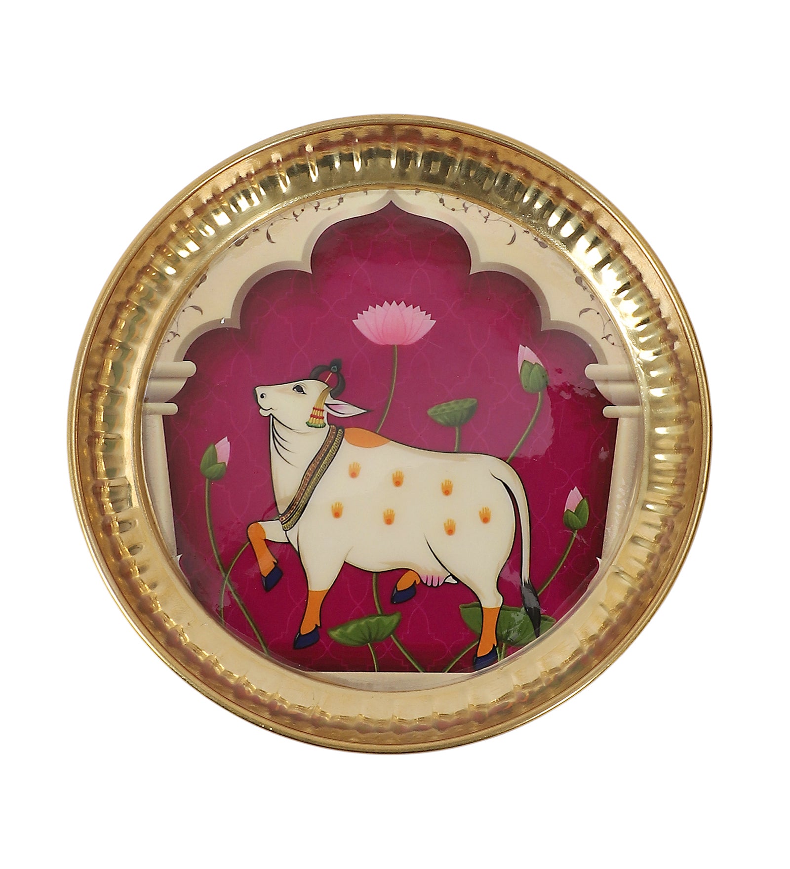 Brass 6 Inches Kamdhenu Cow Design Pooja Thali, Puja Aarti Thali for Home Temple, Gifts for Puja Ceremony