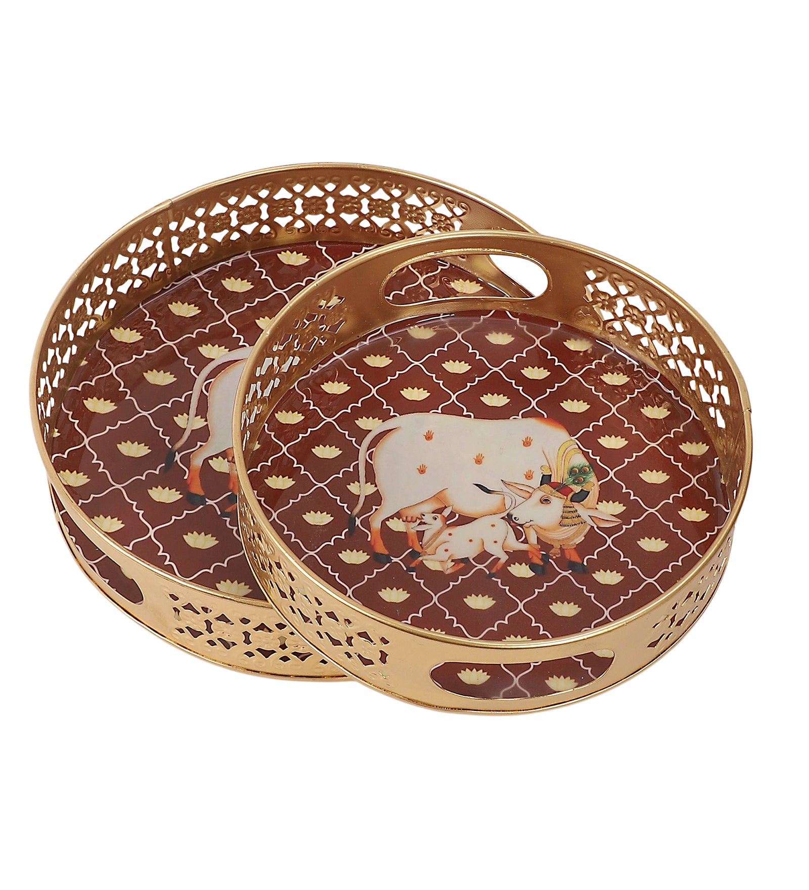 Kamdhenu Cow with Calf Design Serving Trays Set (8 Inches & 10 Inches), Serving Plates for Home