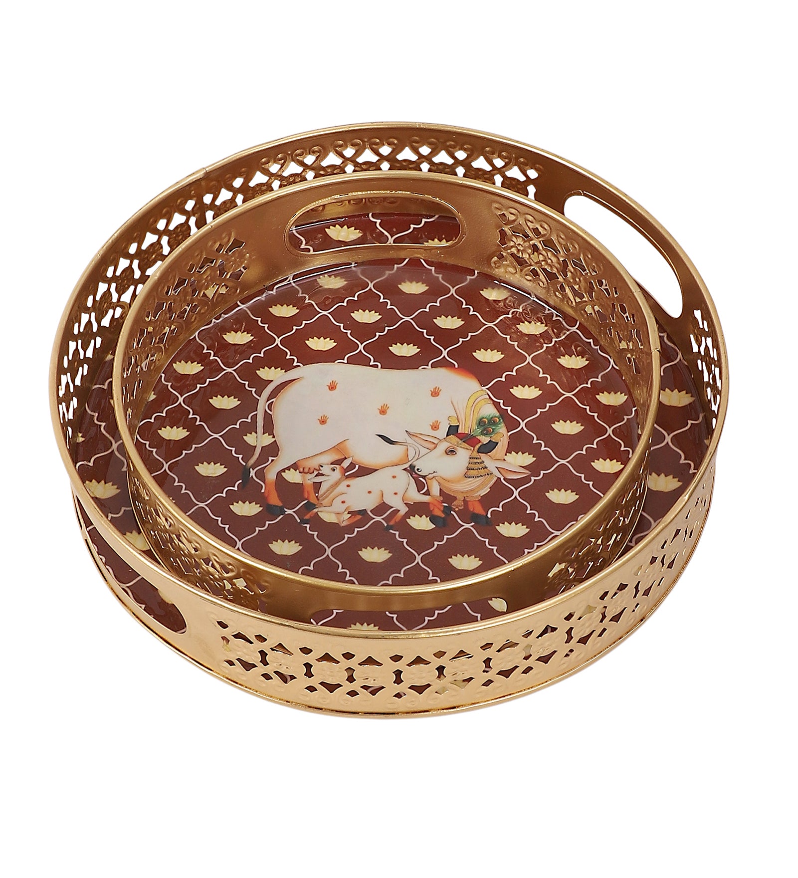 Kamdhenu Cow with Calf Design Serving Trays Set (8 Inches & 10 Inches), Serving Plates for Home