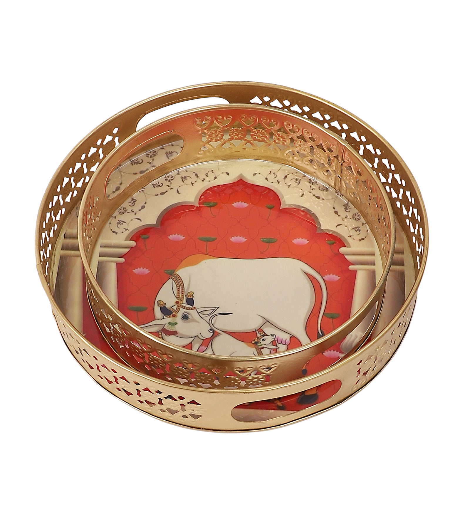 Kamdhenu Cow & Calf in Darbar Design Serving Trays Set (8 Inches & 10 Inches)