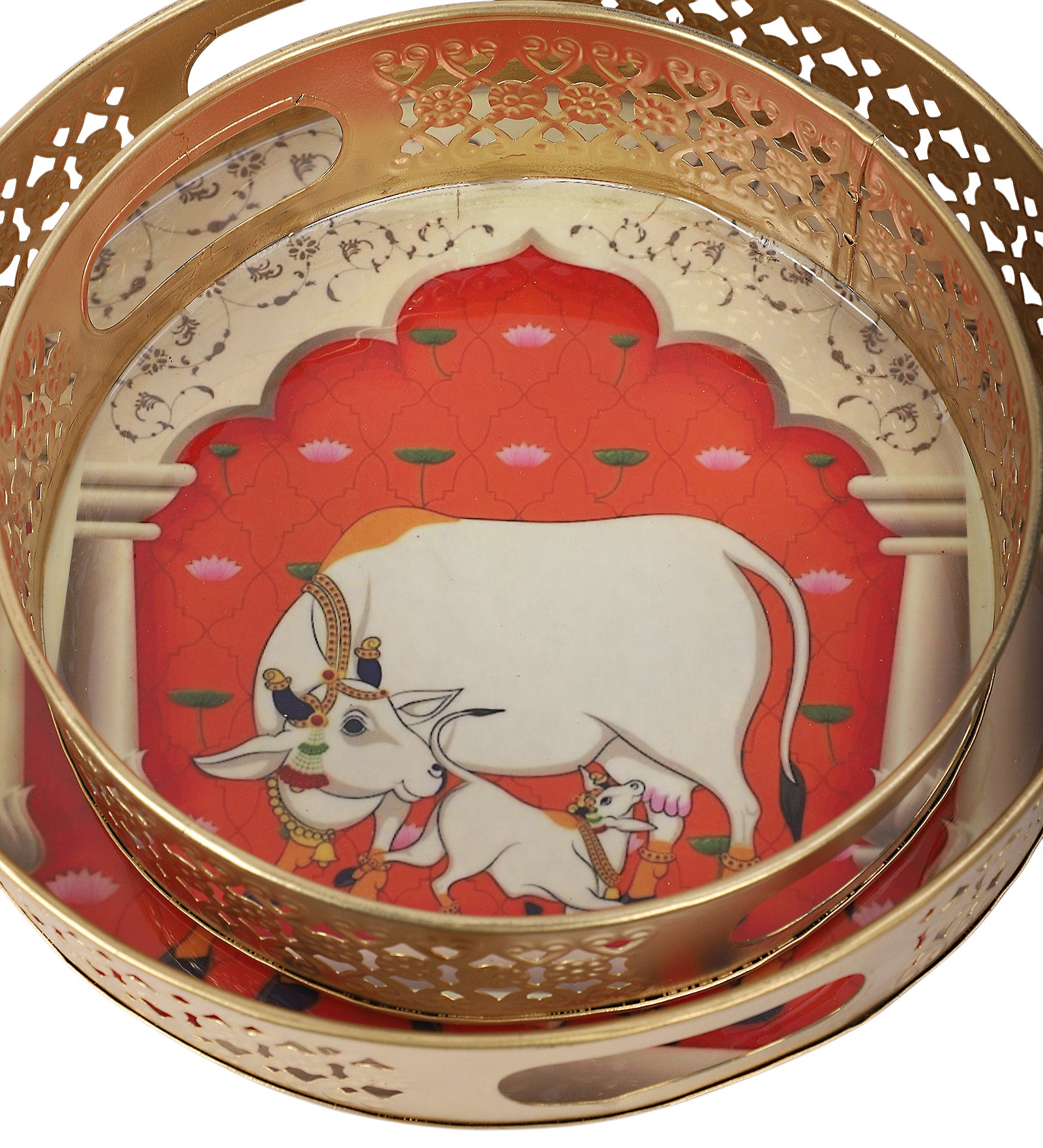 Kamdhenu Cow & Calf in Darbar Design Serving Trays Set (8 Inches & 10 Inches)