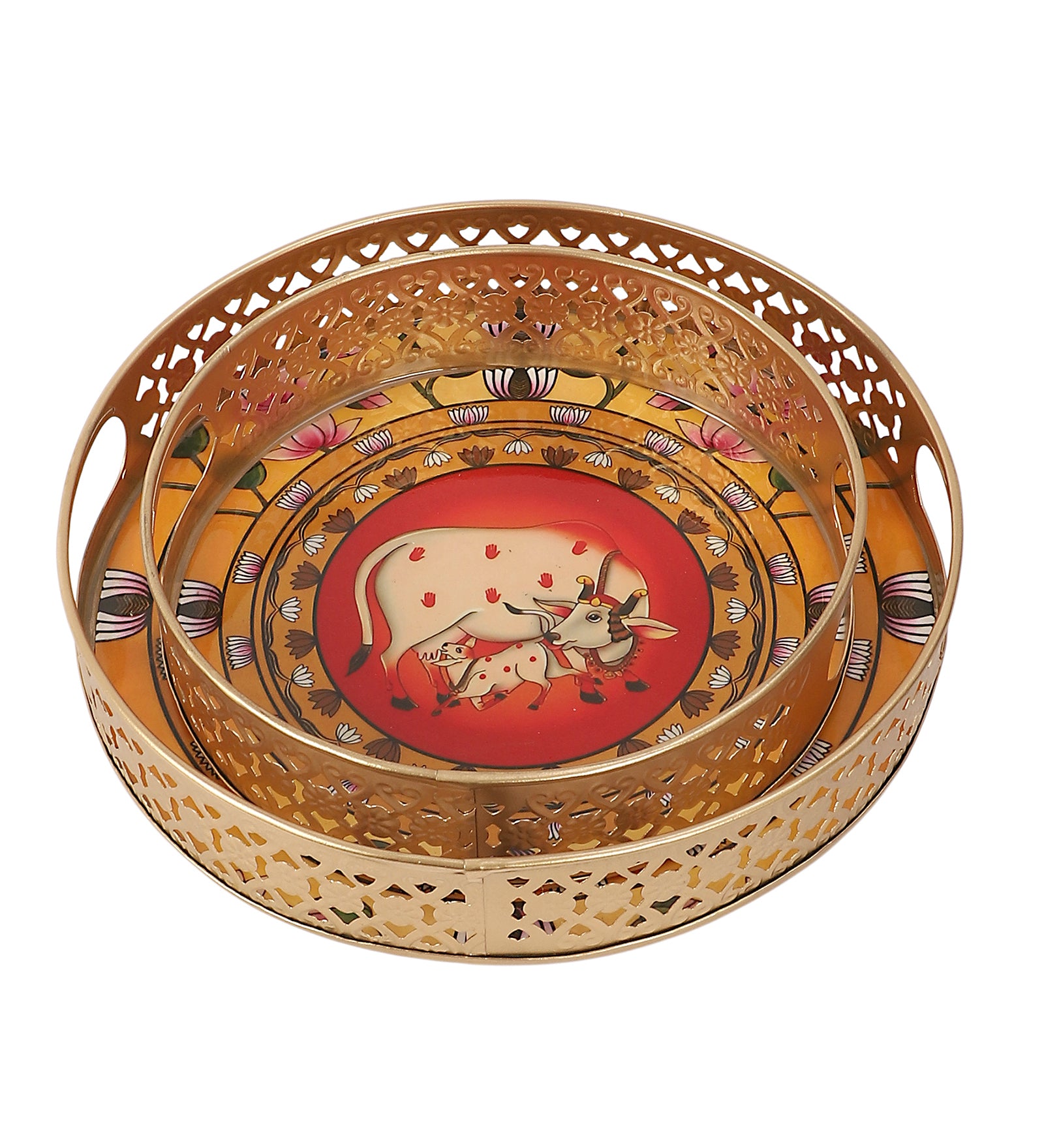 Kamdhenu Cow & Calf with Lotus Design Serving Trays Set (8 Inches & 10 Inches), Serving Plates for Home
