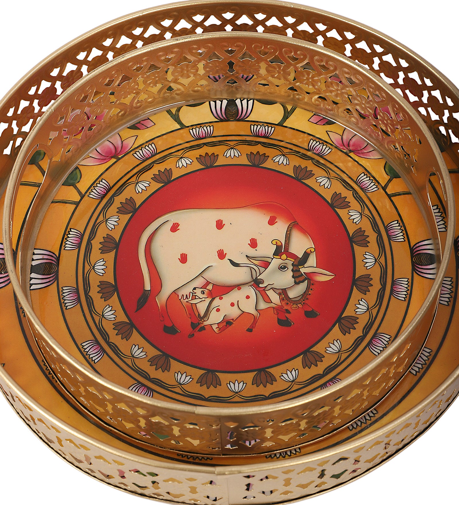 Kamdhenu Cow & Calf with Lotus Design Serving Trays Set (8 Inches & 10 Inches), Serving Plates for Home