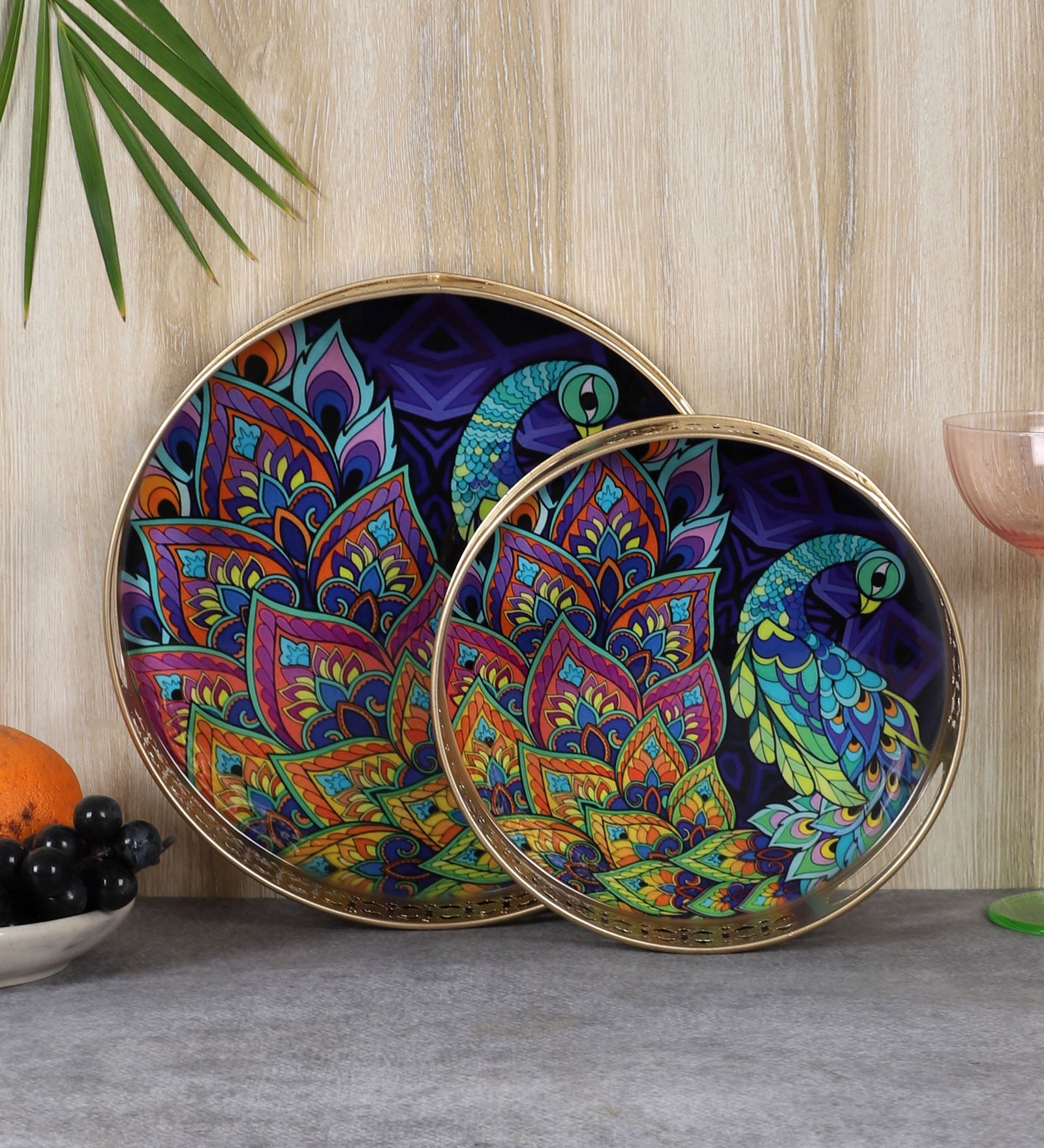 Ethnic Indian Peacock Design Serving Trays Set (8 Inches & 10 Inches), Plates for Home