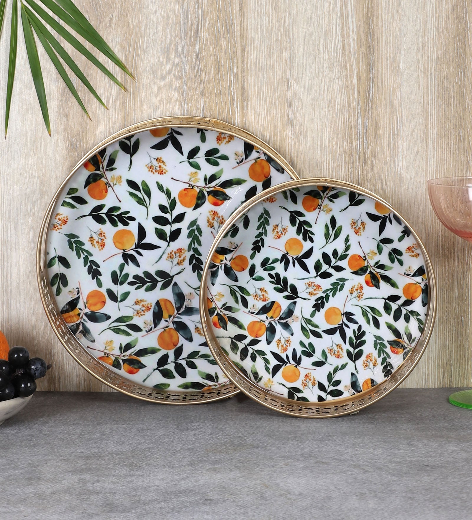 Leaves & Fruits pattern Design Serving Trays Set (8 Inches & 10 Inches), Serving Plates for Home