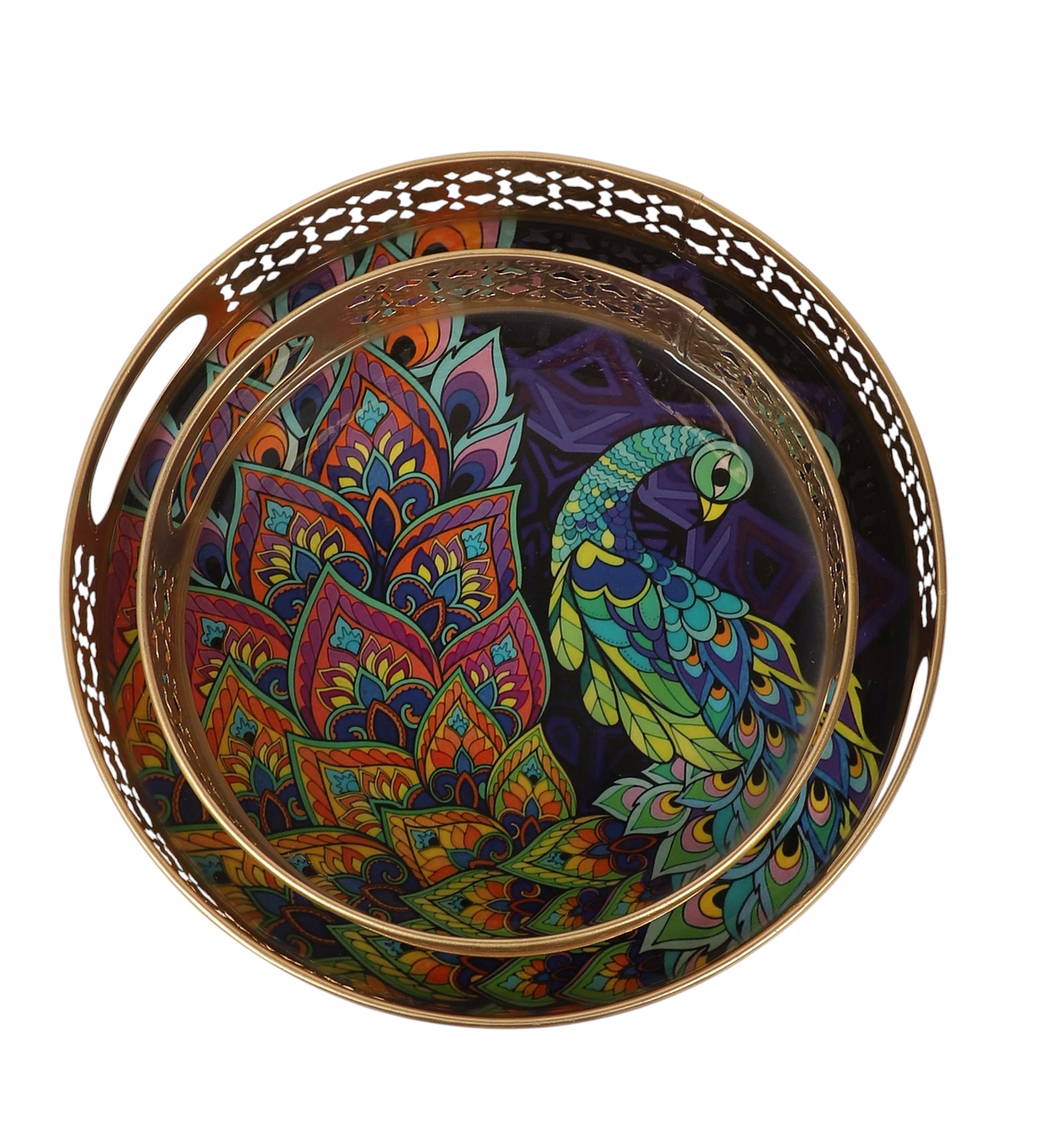 Ethnic Indian Peacock Design Serving Trays Set (8 Inches & 10 Inches), Plates for Home